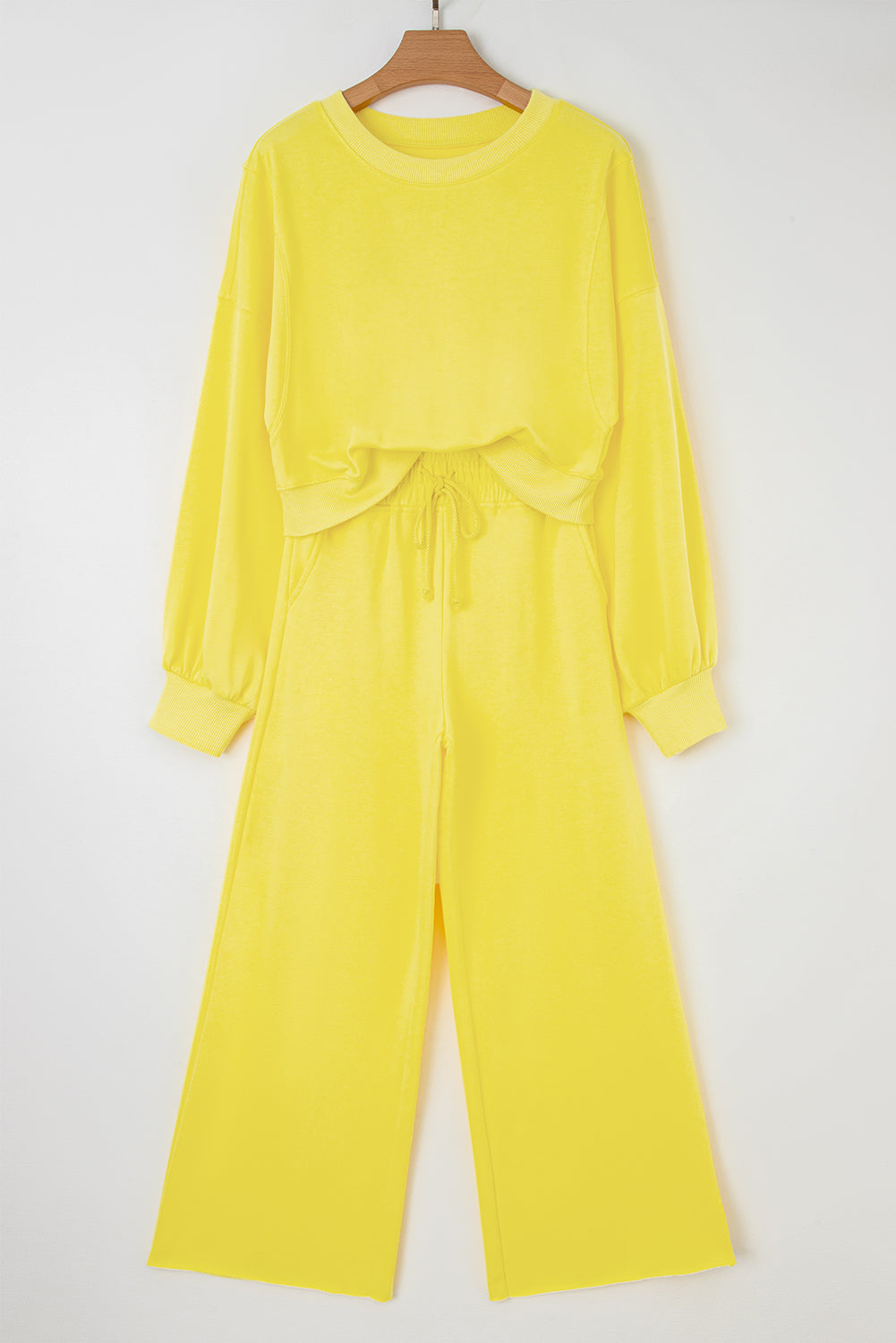 Yellow Cream Drop Shoulder Puff Sleeve Crop Pullover Drawstring Wide Leg Pants Set-Two Piece Sets/Pant Sets-[Adult]-[Female]-2022 Online Blue Zone Planet