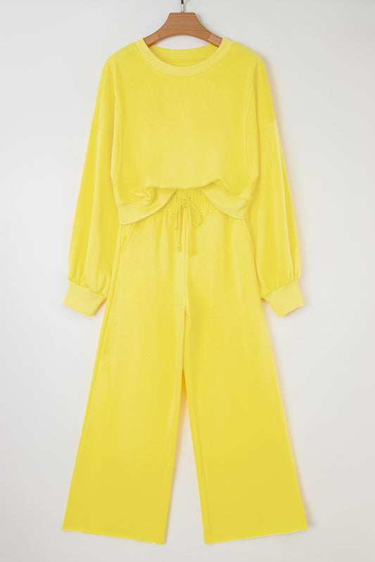 Yellow Cream Drop Shoulder Puff Sleeve Crop Pullover Drawstring Wide Leg Pants Set-Two Piece Sets/Pant Sets-[Adult]-[Female]-2022 Online Blue Zone Planet