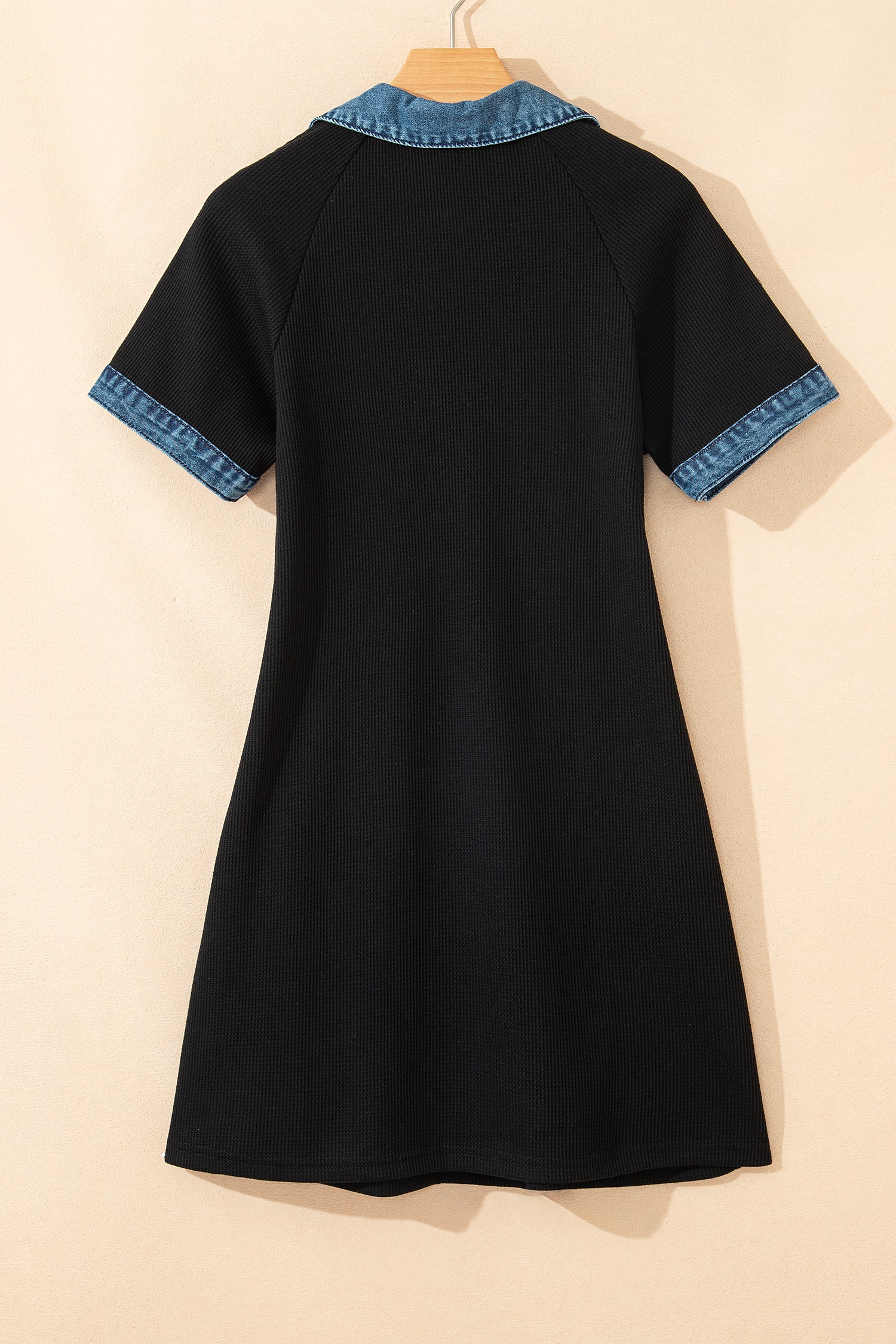 Black Waffle Knit Denim Contrast Trim Patchwork Button Polo Tee Dress-TOPS / DRESSES-[Adult]-[Female]-2022 Online Blue Zone Planet