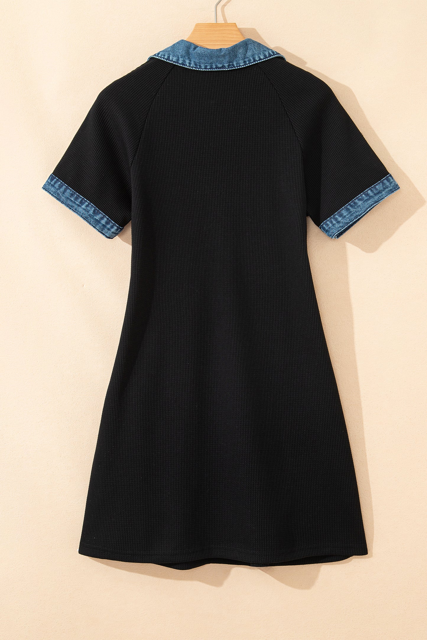 Black Waffle Knit Denim Contrast Trim Patchwork Button Polo Tee Dress