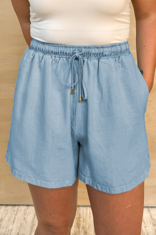 Beau Blue Washed Chambray Drawstring Elastic Waist Plus Size Shorts-Plus Size/Plus Size Bottoms-[Adult]-[Female]-Beau Blue-1X-2022 Online Blue Zone Planet