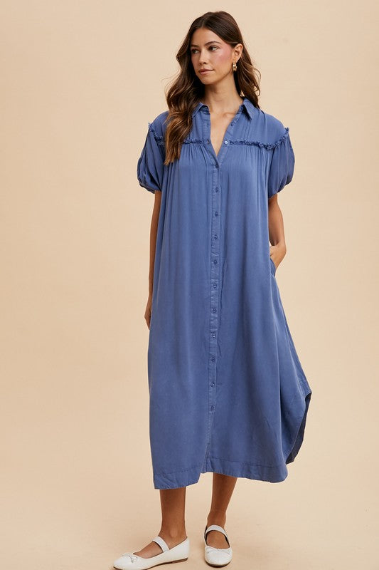 Annie Wear Mineral Washed Button Down Puff Sleeve Shirt Dress-TOPS / DRESSES-[Adult]-[Female]-2022 Online Blue Zone Planet