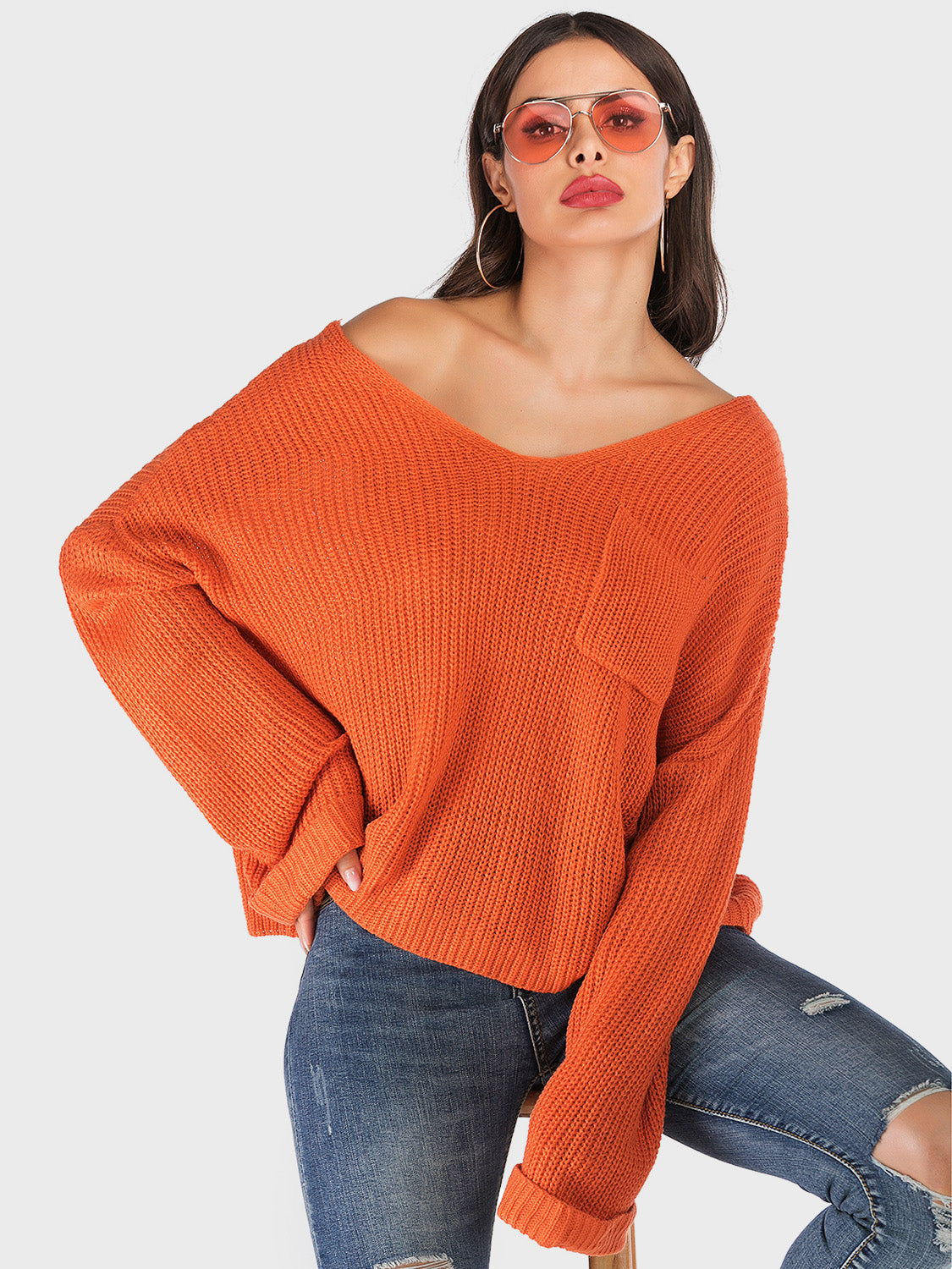 Blue Zone Planet | Perfee V-Neck Dropped Shoulder Long Sleeve Sweater-TOPS / DRESSES-[Adult]-[Female]-2022 Online Blue Zone Planet