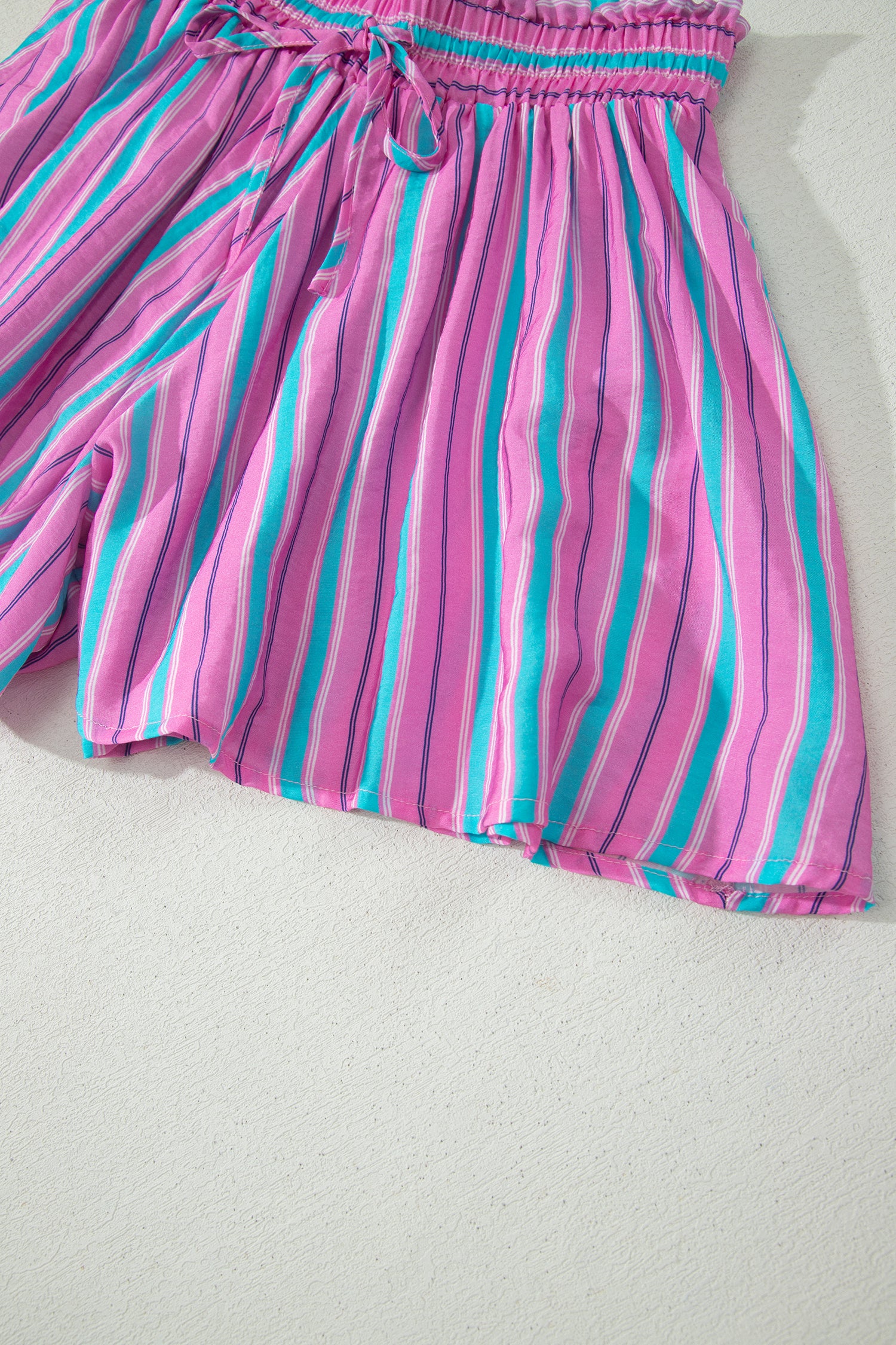 Pink Stripe Dolman Short Sleeve Blouse Drawstring Elastic Waist Loose Short Set-Two Piece Sets/Short Sets-[Adult]-[Female]-2022 Online Blue Zone Planet