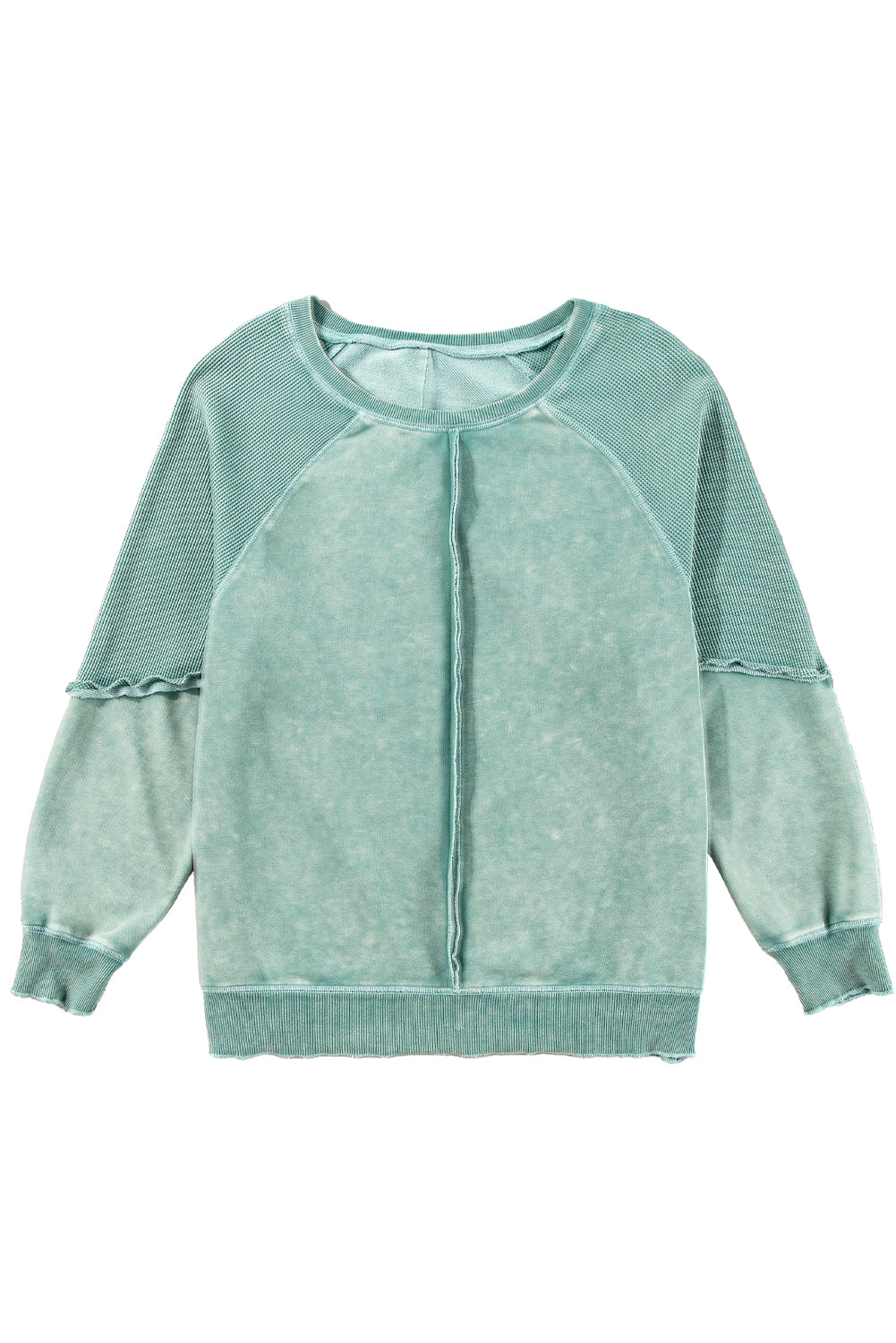 Sail Blue Waffle Knit Patchwork Raglan Sleeve Sweatshirt-Sweatshirts & Hoodies-[Adult]-[Female]-2022 Online Blue Zone Planet