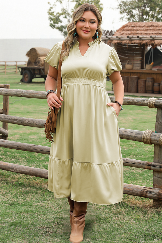 Laurel Green Notched V Neck Puff Sleeve Tiered Plus Size Maxi Dress-TOPS / DRESSES-[Adult]-[Female]-2022 Online Blue Zone Planet