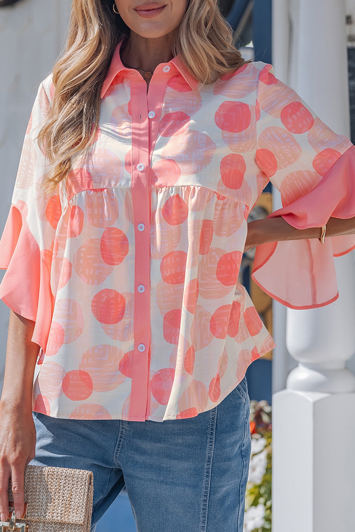 Pink Double Polka Dot Printed Ruffle Trim Short Sleeve Babydoll Shirt-Tops/Blouses & Shirts-[Adult]-[Female]-2022 Online Blue Zone Planet