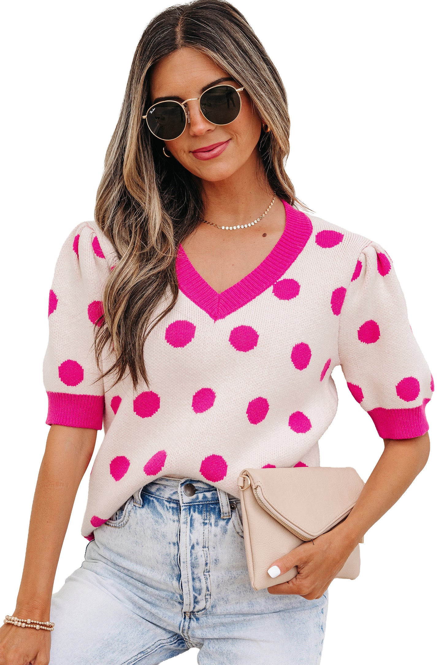 Rose Red Polka Dot Puff Short Sleeve Sweater Top-Sweaters & Cardigans/Short Sleeve Sweaters-[Adult]-[Female]-2022 Online Blue Zone Planet