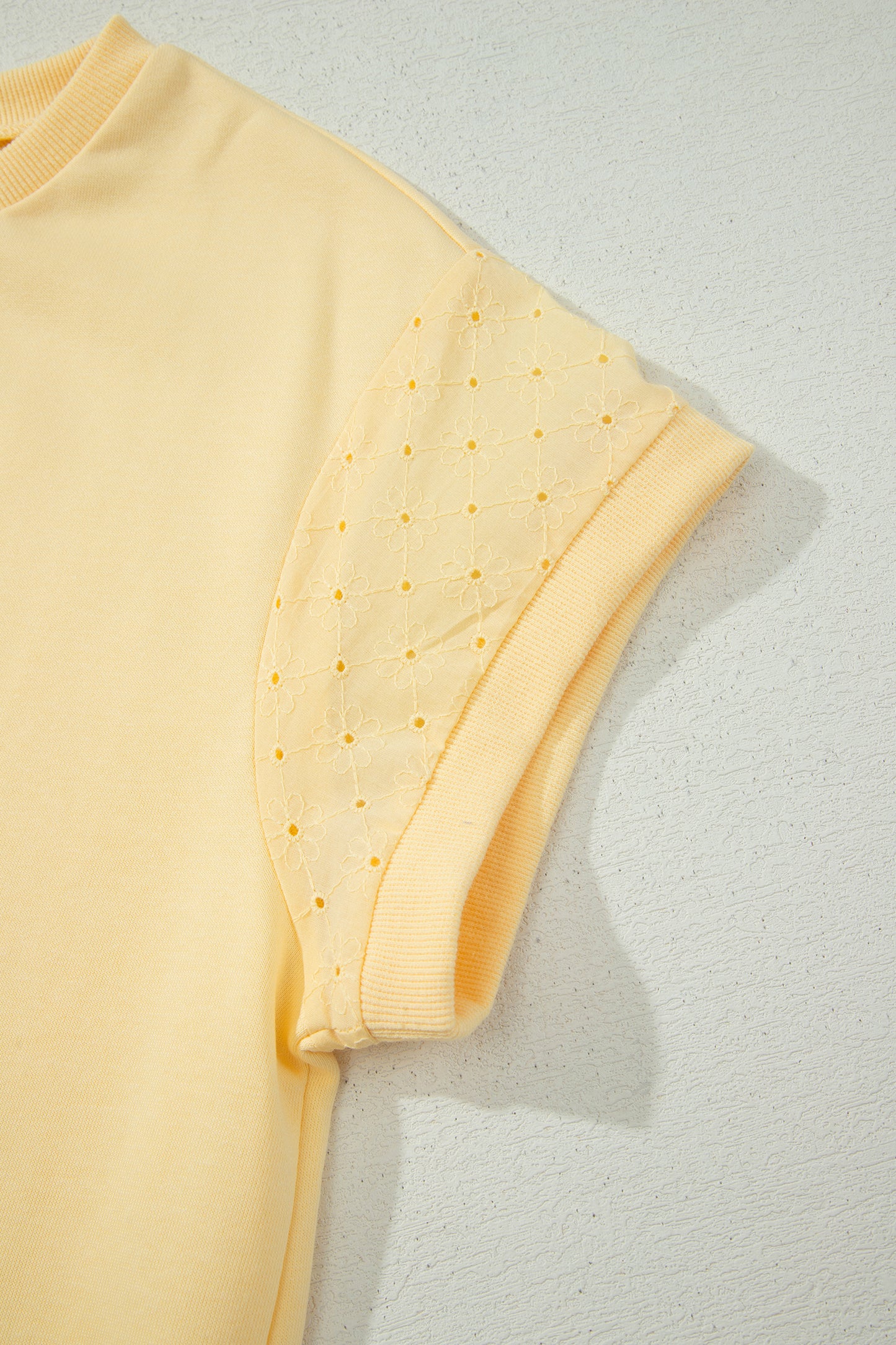 Yellow Eyelet Lace Patchwork Sleeve Short 2pcs Outfit-Two Piece Sets/Short Sets-[Adult]-[Female]-2022 Online Blue Zone Planet