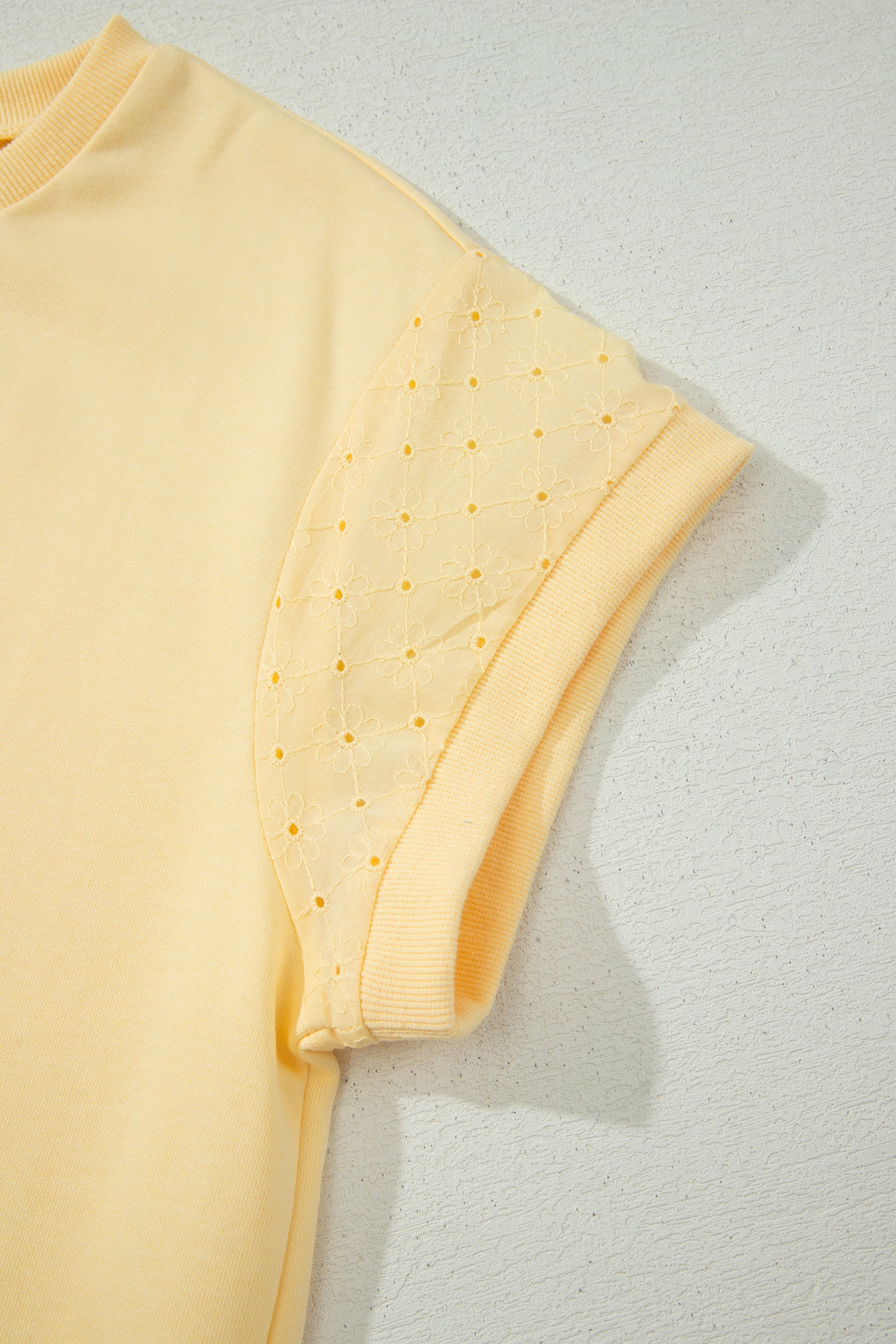 Yellow Eyelet Lace Patchwork Sleeve Short 2pcs Outfit-Two Piece Sets/Short Sets-[Adult]-[Female]-2022 Online Blue Zone Planet
