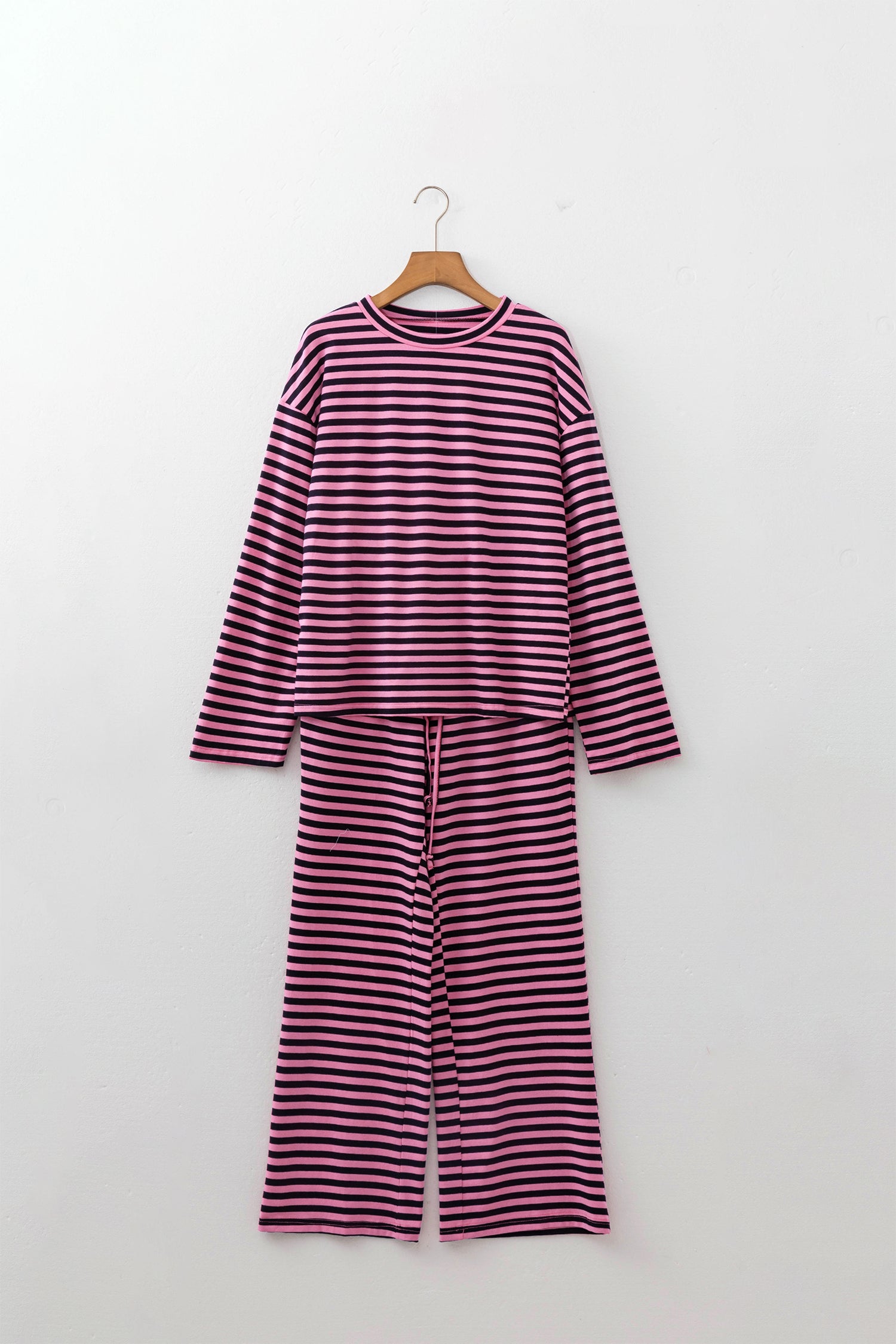 Pink Stripe Casual Long Sleeve Top Drawstring Pant Set-Two Piece Sets/Pant Sets-[Adult]-[Female]-2022 Online Blue Zone Planet