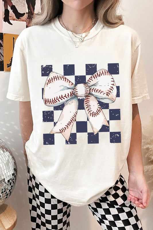 White Checkered Rugby Bowknot Graphic Crew T Shirt-Graphic/Graphic Tees-[Adult]-[Female]-White-S-2022 Online Blue Zone Planet