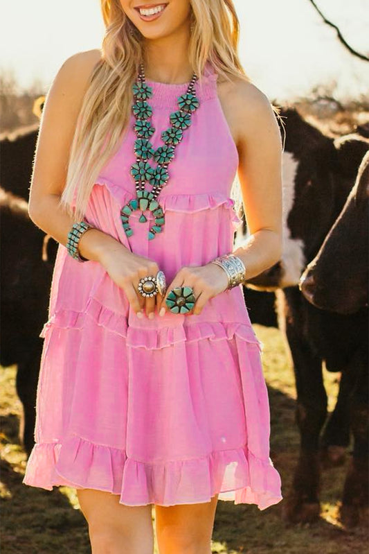 Pink Smocked Neck Knot Back Ruffle Tiered Sleeveless Mini Dress-Short Dresses-[Adult]-[Female]-Pink-L-2022 Online Blue Zone Planet