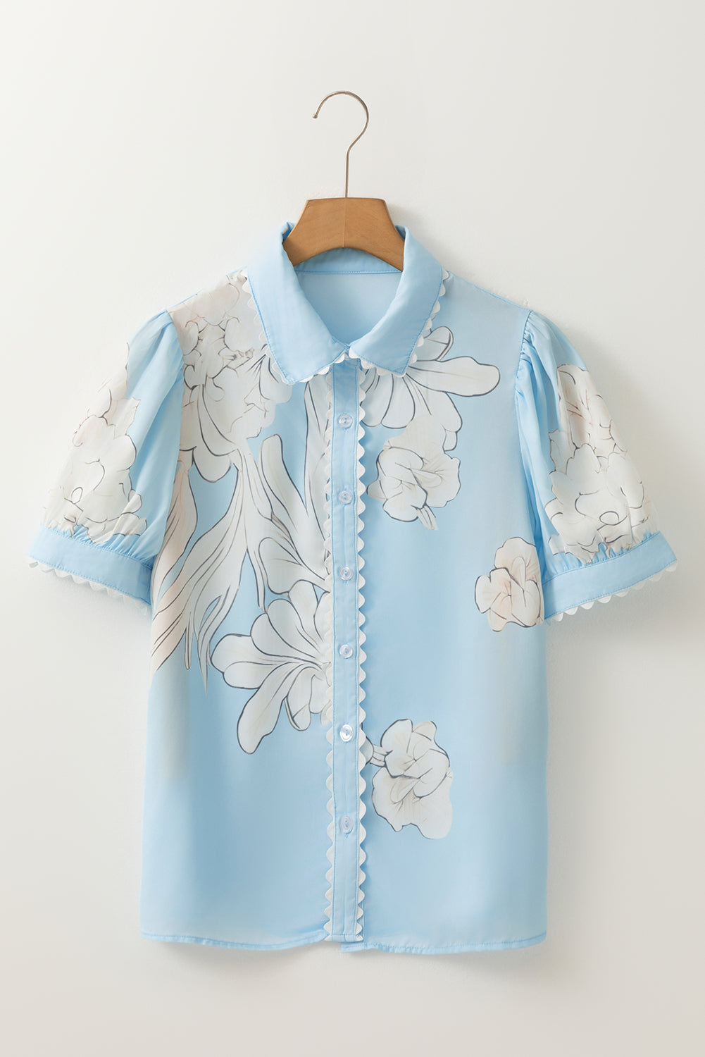 Sky Blue Floral Ric Rac Edge Puff Sleeve Button Up Summer Shirt-Tops/Blouses & Shirts-[Adult]-[Female]-2022 Online Blue Zone Planet
