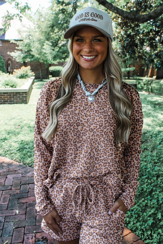 Khaki Leopard Ribbed Long Sleeve Top Drawstring Shorts 2pcs Outfit-Two Piece Sets/Short Sets-[Adult]-[Female]-2022 Online Blue Zone Planet