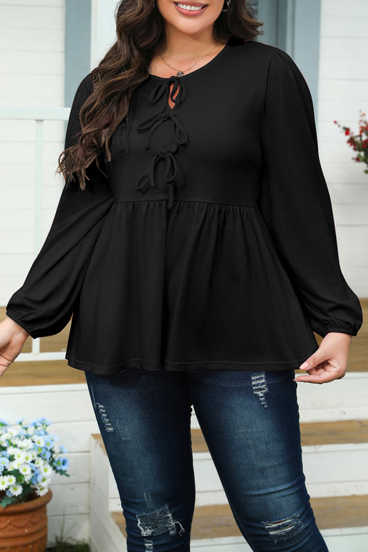 Black Solid Color Bow Tie Front Long Sleeve Plus Size Peplum Blouse-Plus Size/Plus Size Tops/Plus Size Blouses & Shirts-[Adult]-[Female]-Black-L-2022 Online Blue Zone Planet