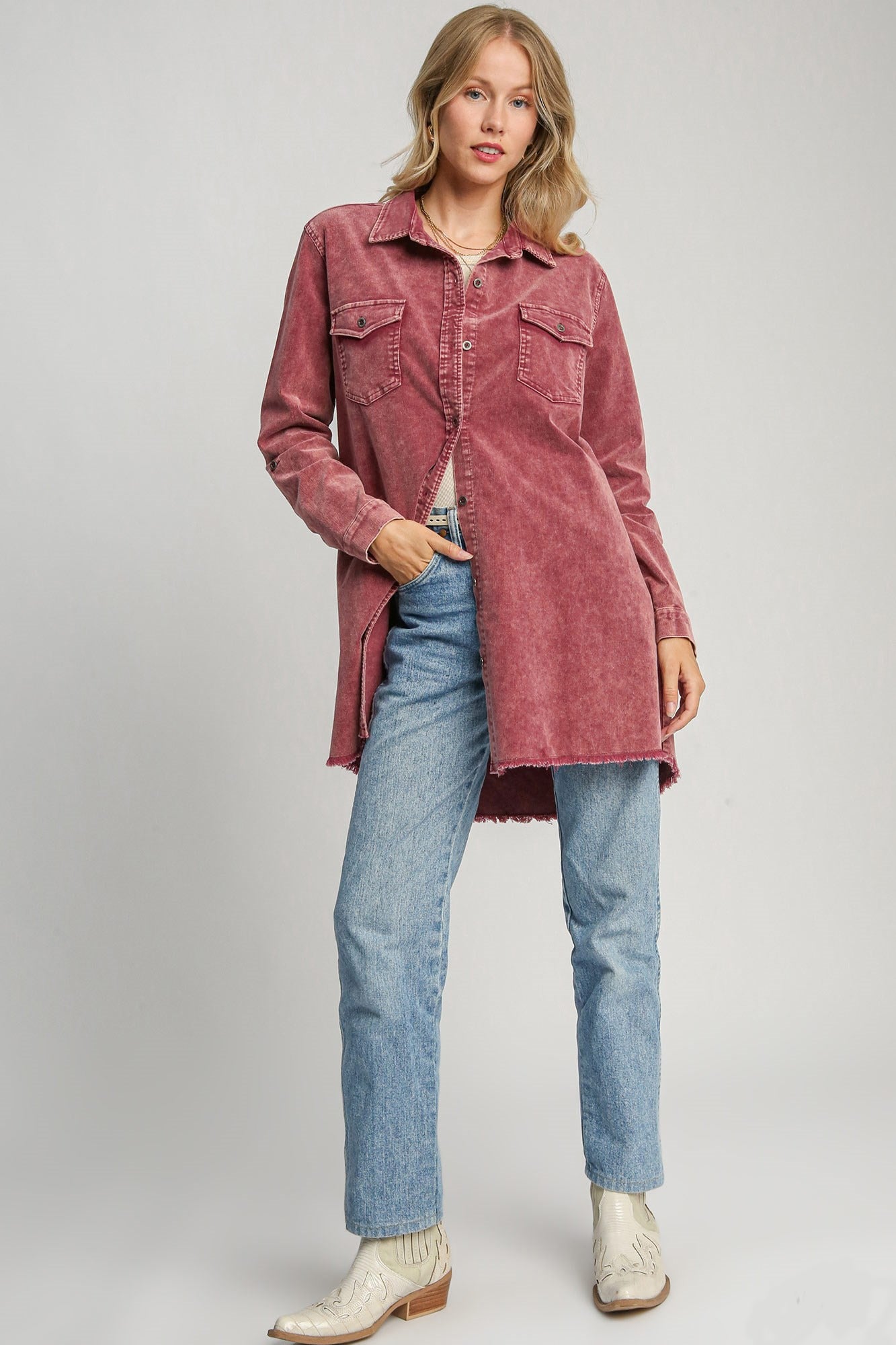 Umgee Raw Hem Button Down Denim Jacket with Chest Pockets-TOPS / DRESSES-[Adult]-[Female]-2022 Online Blue Zone Planet