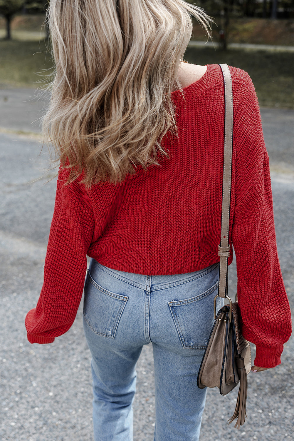 Racing Red Solid Textured Knit V Neck Drop Shoulder Sweater-TOPS / DRESSES-[Adult]-[Female]-2022 Online Blue Zone Planet