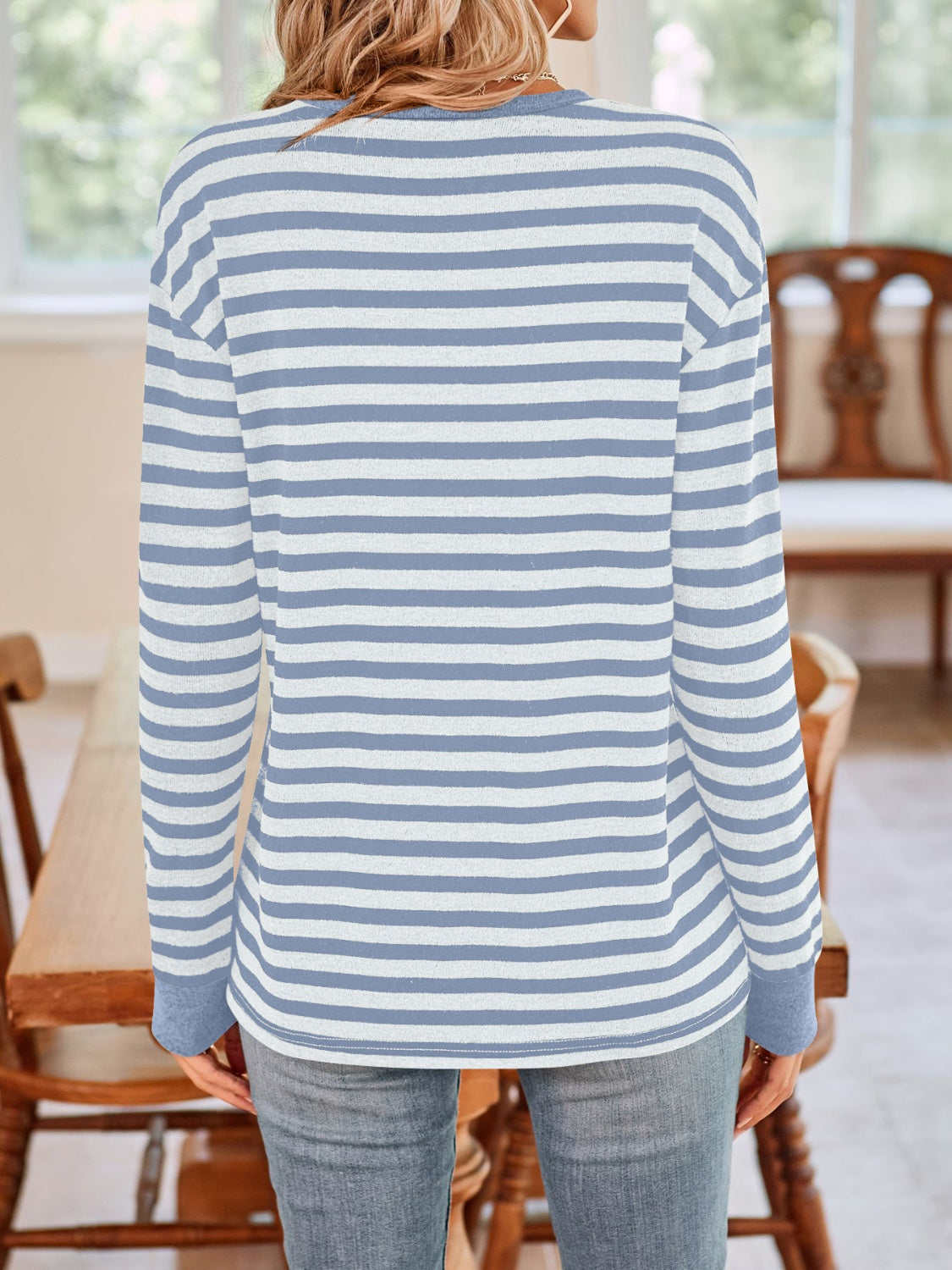 Blue Zone Planet | Lovelet Striped Round Neck Long Sleeve T-Shirt-TOPS / DRESSES-[Adult]-[Female]-2022 Online Blue Zone Planet