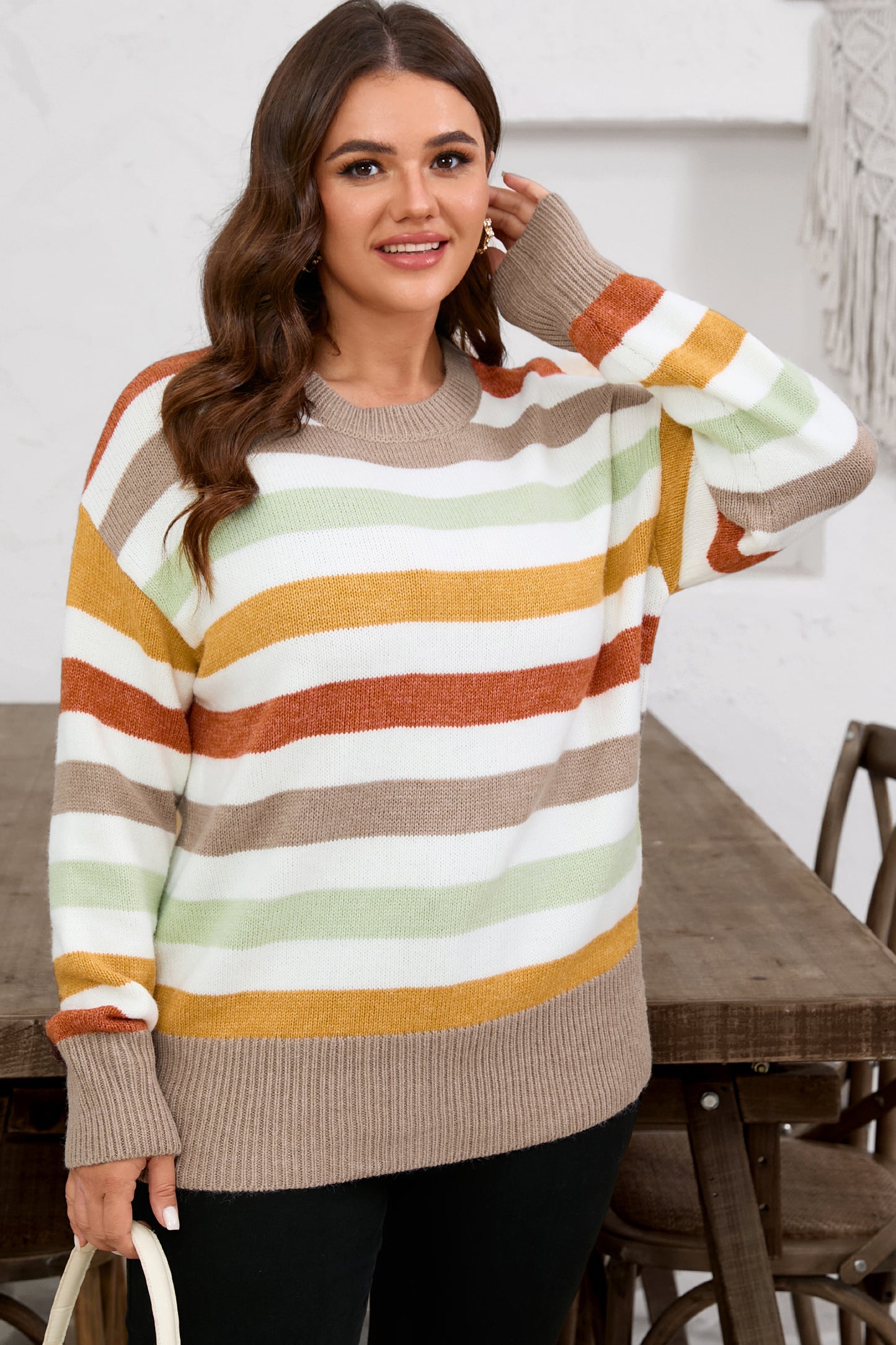 Multicolour Striped Colorblock Drop Shoulder Plus Size Sweater-TOPS / DRESSES-[Adult]-[Female]-2022 Online Blue Zone Planet