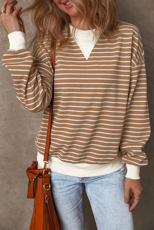Blue Zone Planet | Khaki Stripe Patched Edge Textured Round Neck Long Sleeve Top-Tops/Long Sleeve Tops-[Adult]-[Female]-Khaki Stripe-S-2022 Online Blue Zone Planet