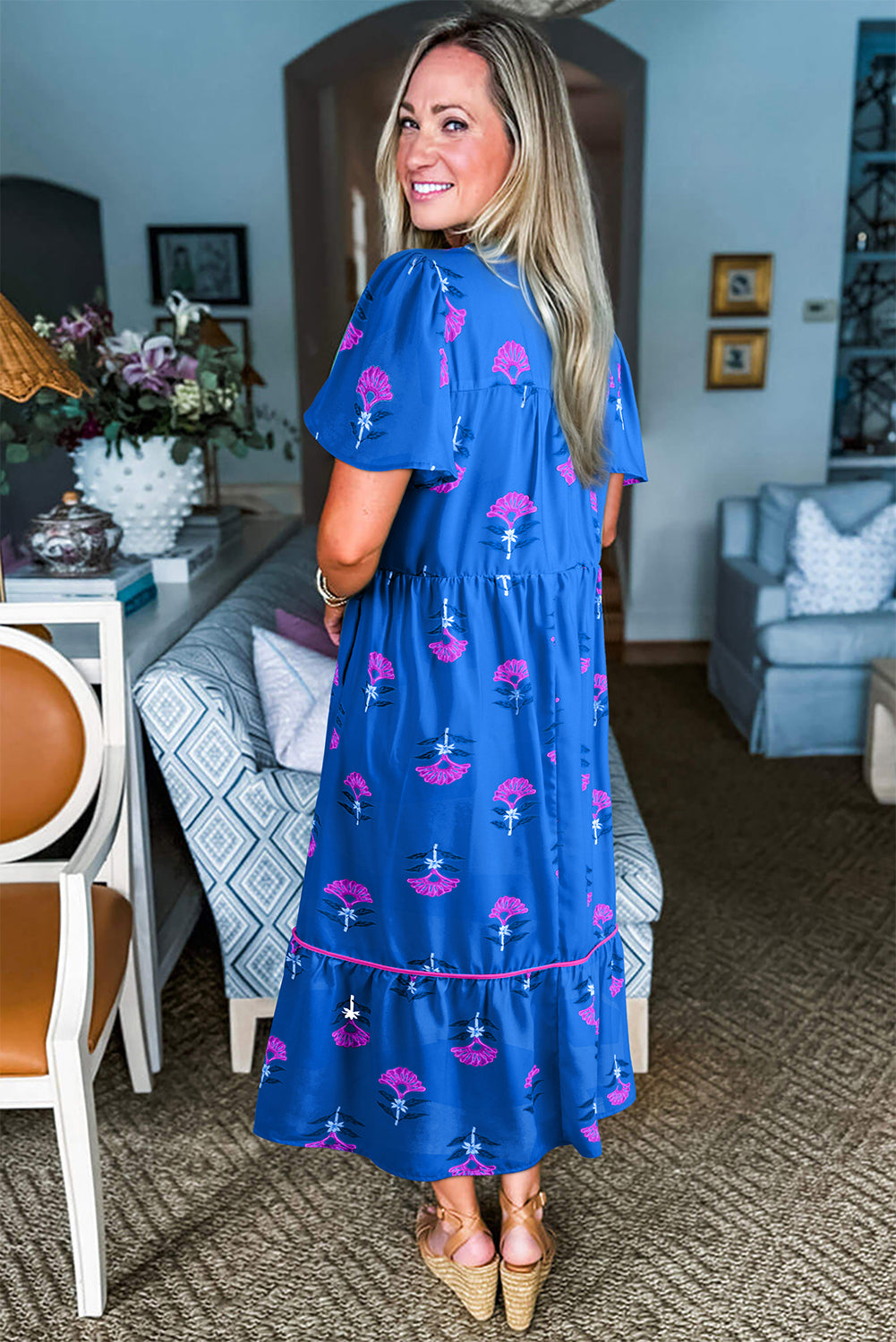 Blue Floral Print Notched Neck Butterfly Sleeve Shift Long Dress-TOPS / DRESSES-[Adult]-[Female]-2022 Online Blue Zone Planet