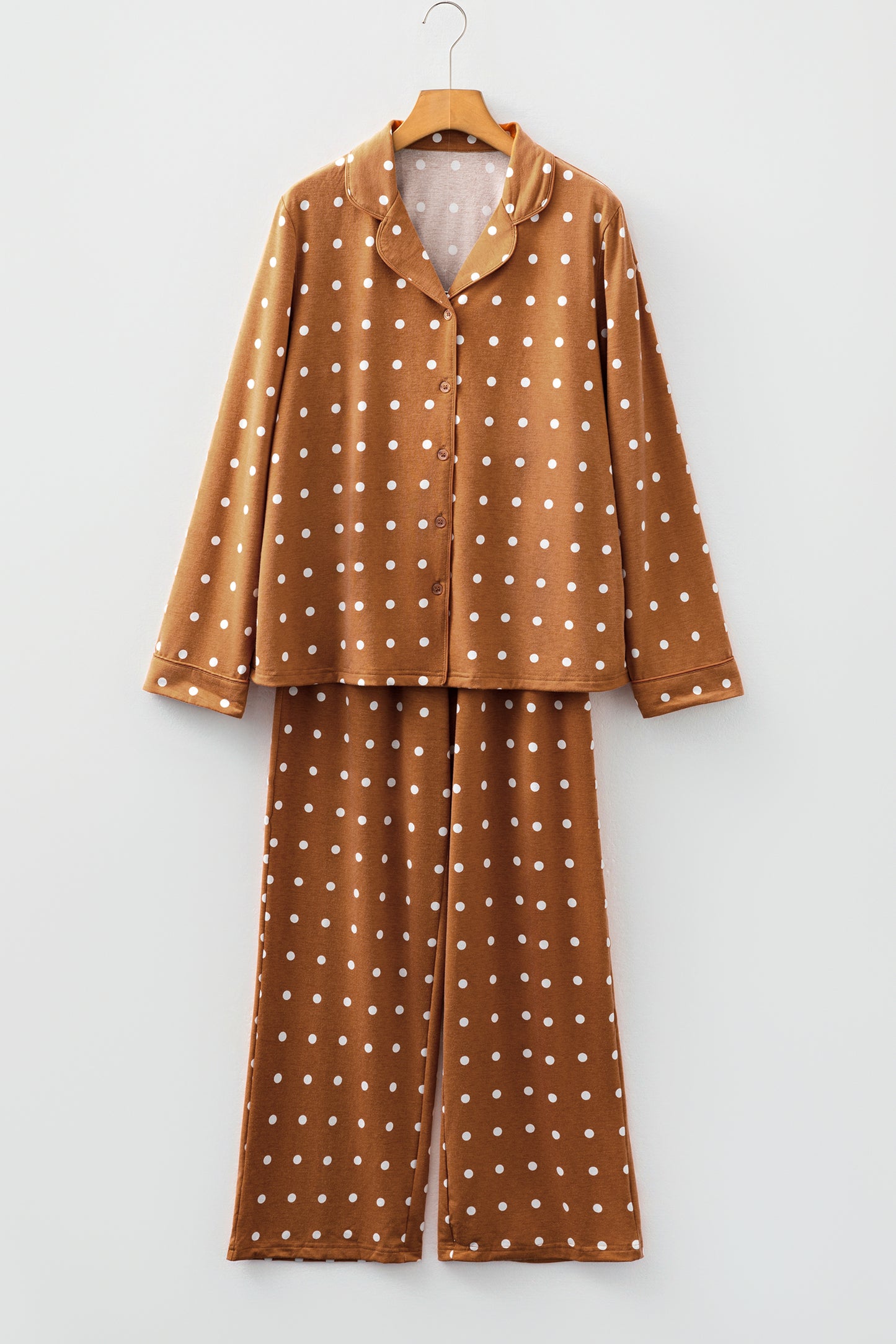 Brown Polka Dot Print Long Sleeve Shirt Pant 2pcs Pajama Set-Loungewear & Sleepwear/Sleepwear-[Adult]-[Female]-2022 Online Blue Zone Planet