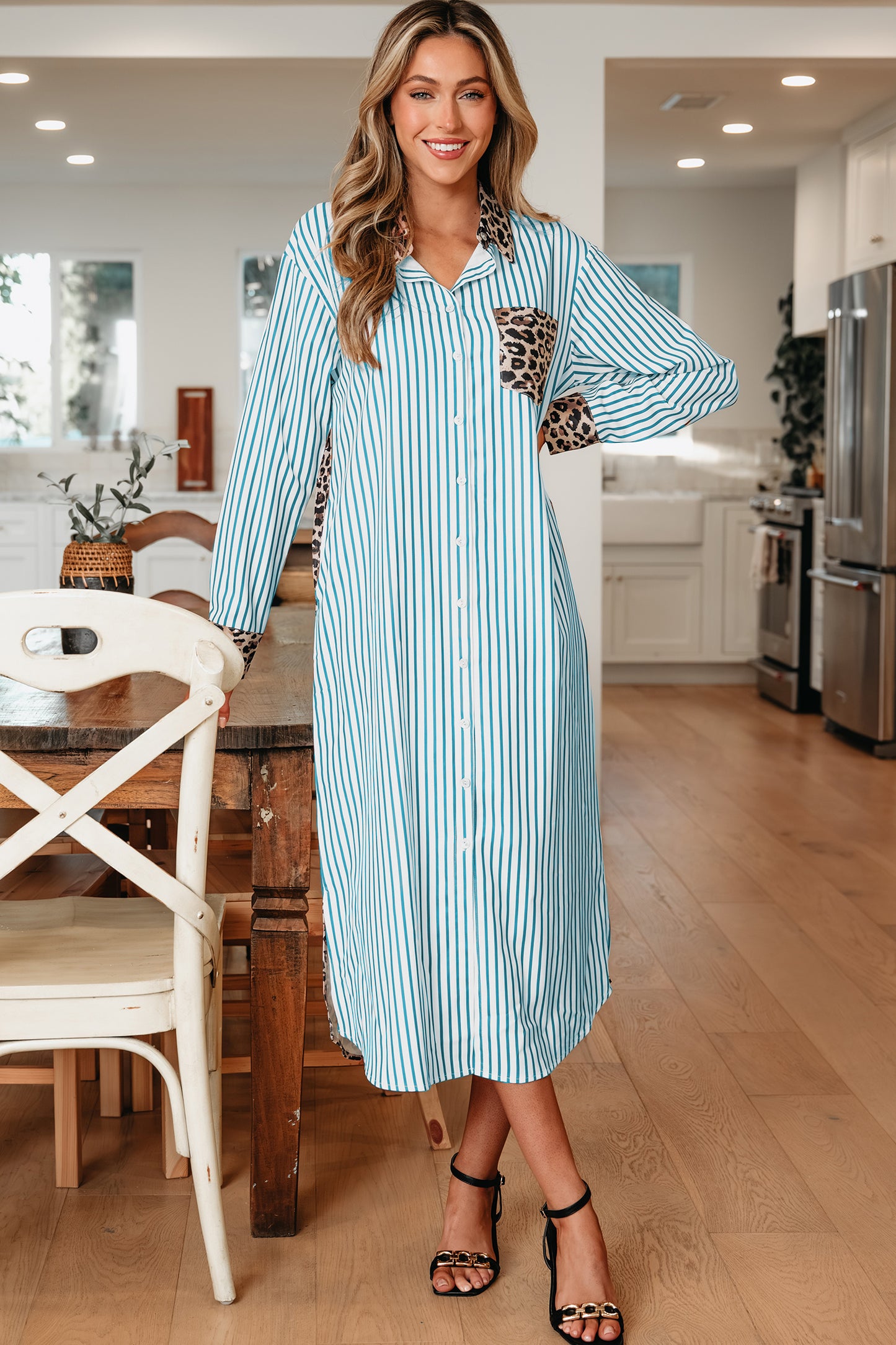 Sky Blue Stripe Contrast Leopard Patchwork Long Shirt Dress with Slits-TOPS / DRESSES-[Adult]-[Female]-2022 Online Blue Zone Planet
