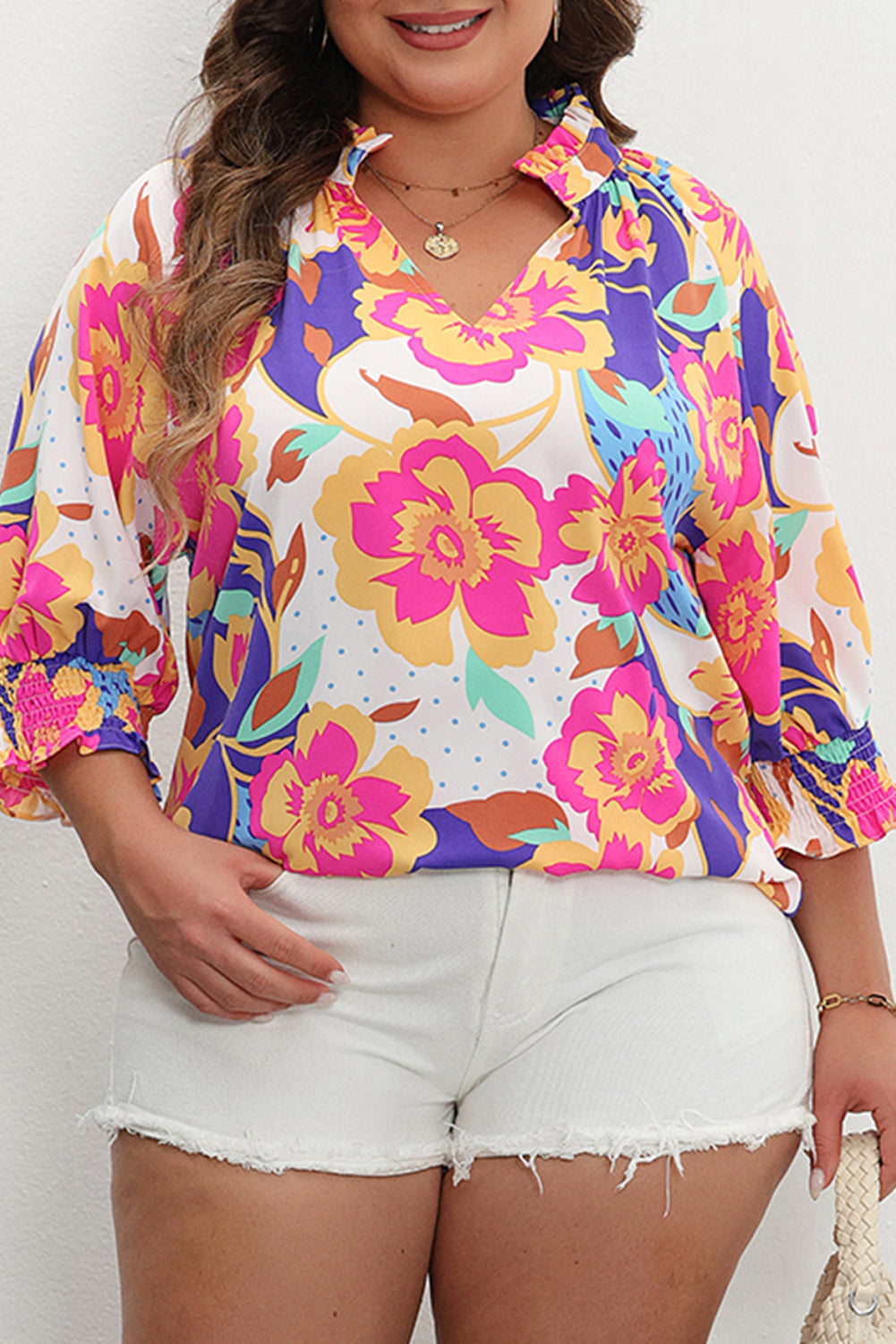 Rose Red Floral Print Split Neck Short Puff Sleeve Plus Blouse-Plus Size/Plus Size Tops/Plus Size Blouses & Shirts-[Adult]-[Female]-2022 Online Blue Zone Planet