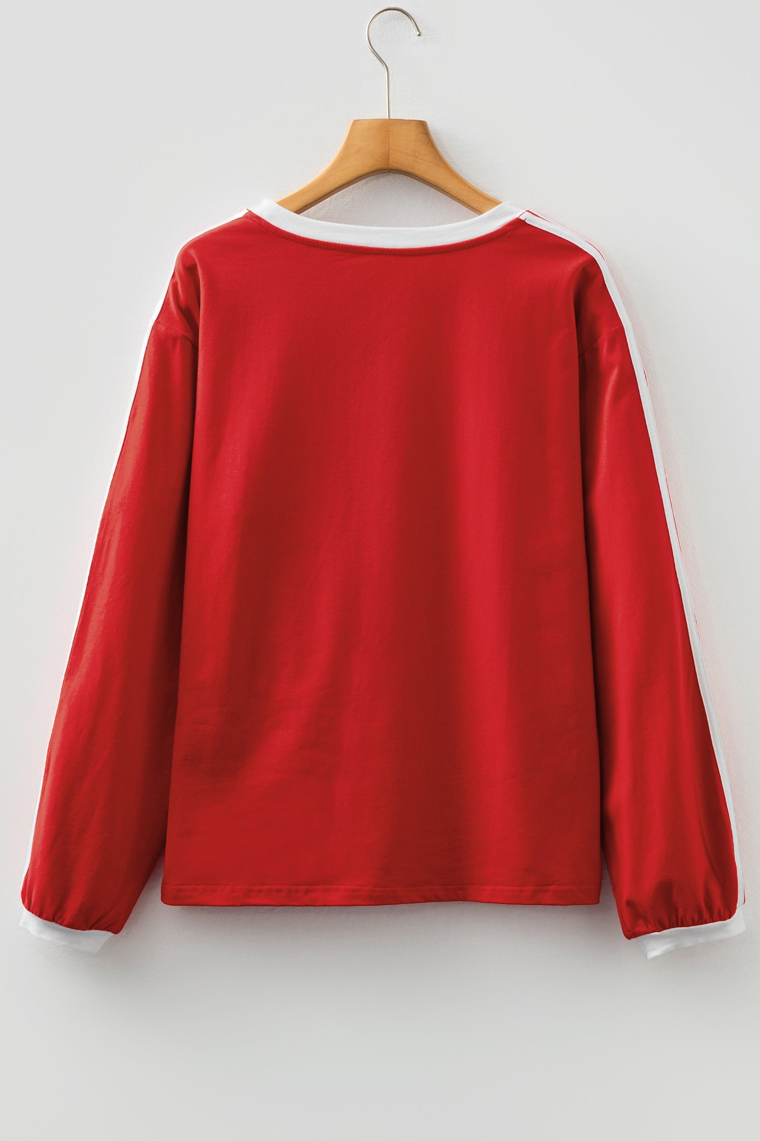 Fiery Red Varsity Striped Accent Contrast Crew Neck Long Sleeve T Shirt-Tops/Long Sleeve Tops-[Adult]-[Female]-2022 Online Blue Zone Planet