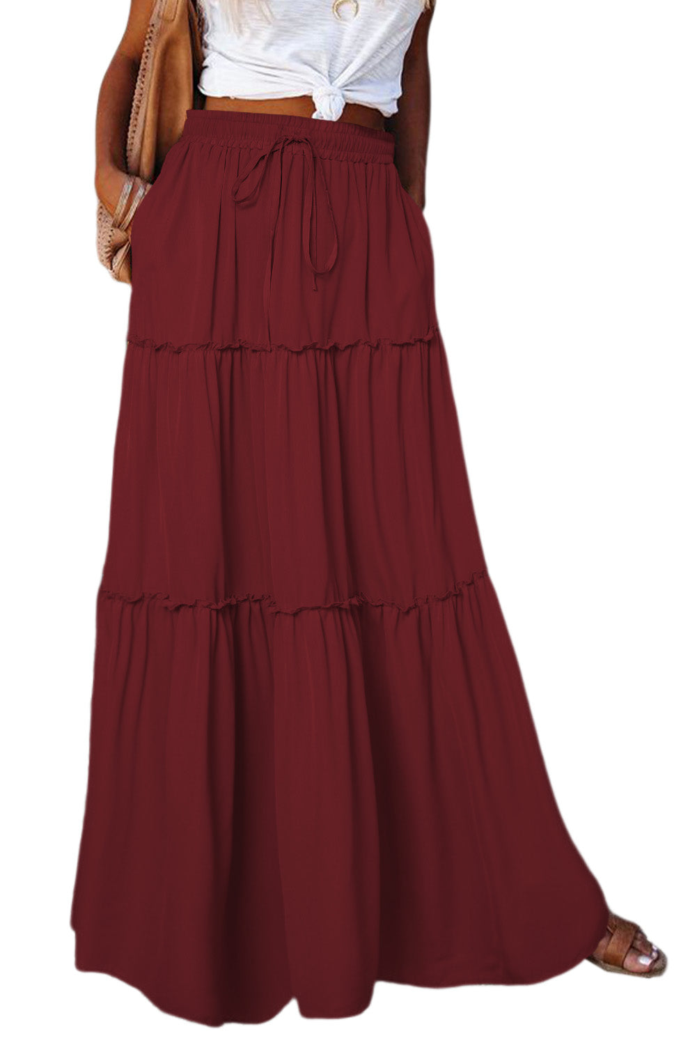 Fiery Red Black Frill Tiered Drawstring Waist Maxi Skirt-Bottoms/Skirts & Petticoat-[Adult]-[Female]-2022 Online Blue Zone Planet