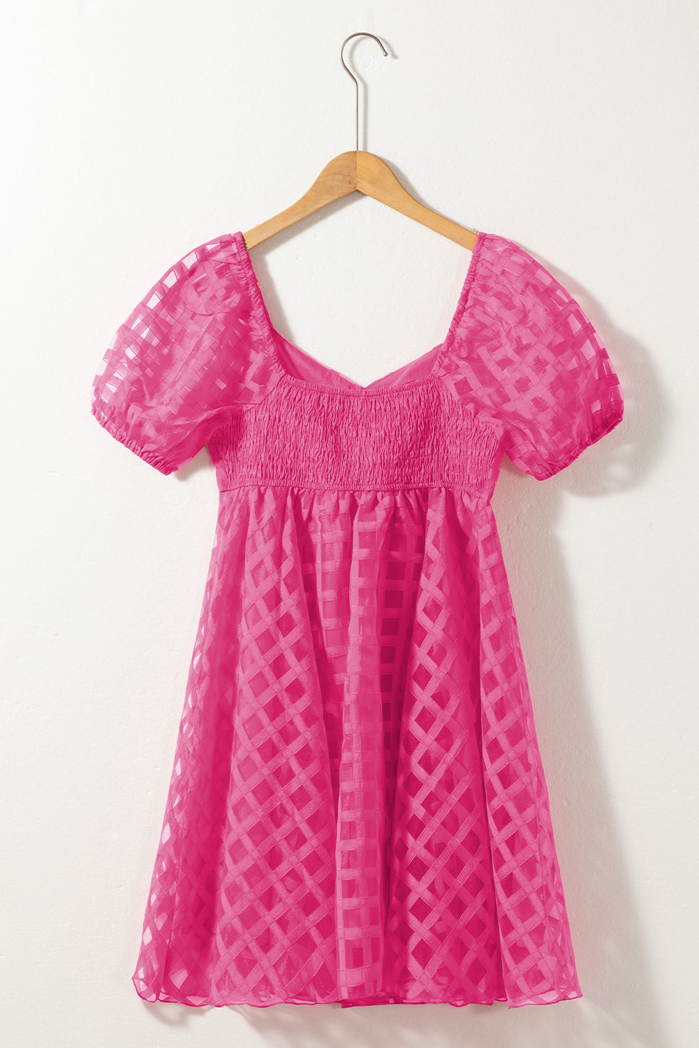 Strawberry Pink Checkered Puff Sleeve Babydoll Dress-TOPS / DRESSES-[Adult]-[Female]-2022 Online Blue Zone Planet