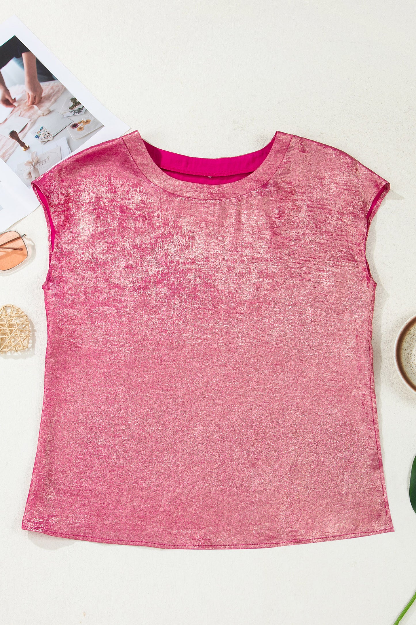 Bright Pink Metallic Round Neck Cap Sleeve Tee-Tops/Tops & Tees-[Adult]-[Female]-2022 Online Blue Zone Planet
