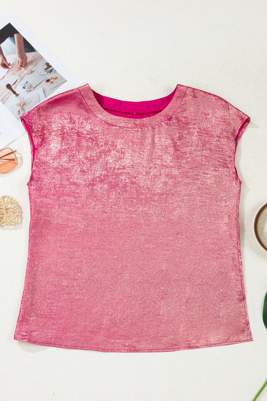 Bright Pink Metallic Round Neck Cap Sleeve Tee-Tops/Tops & Tees-[Adult]-[Female]-2022 Online Blue Zone Planet