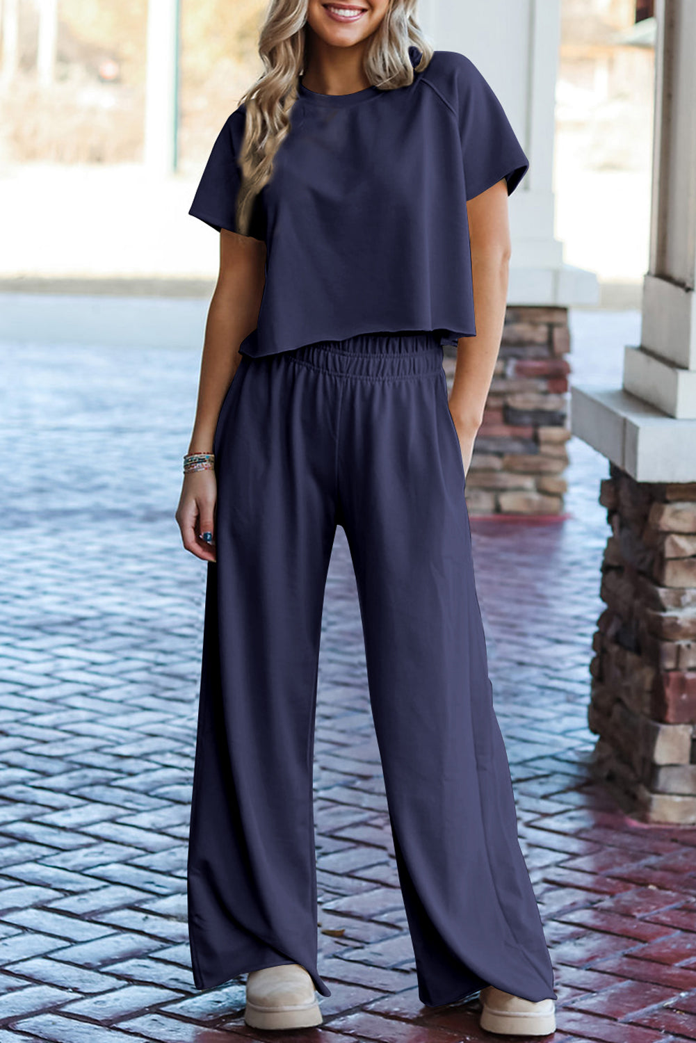 Seagrass Raw Hem Loose Tee And Wide Leg Pants Set-Two Piece Sets/Pant Sets-[Adult]-[Female]-Navy Blue-S-2022 Online Blue Zone Planet