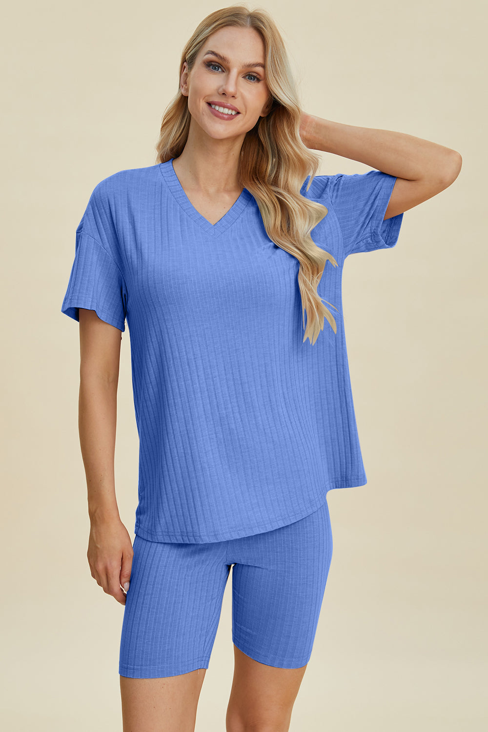 Basic Bae Full Size Ribbed V-Neck Short Sleeve Top and Shorts Set-TOPS / DRESSES-[Adult]-[Female]-2022 Online Blue Zone Planet