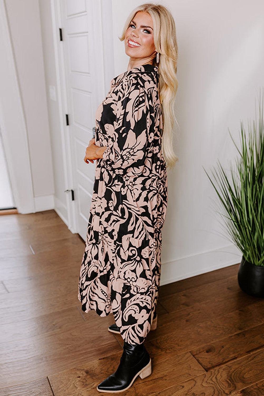 Black Plus Size Floral Printed Puff Sleeve Collared Maxi Dress-Plus Size/Plus Size Dresses/Plus Size Maxi Dresses-[Adult]-[Female]-2022 Online Blue Zone Planet