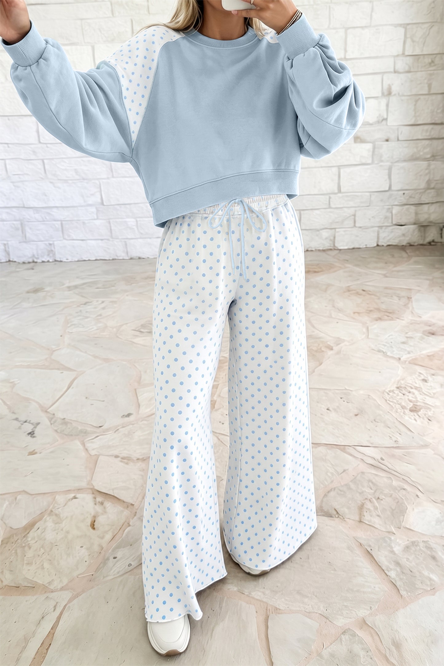 Khaki Polka Dot Patchwork Colorblock Long Sleeve Casual Two Piece Pants Set