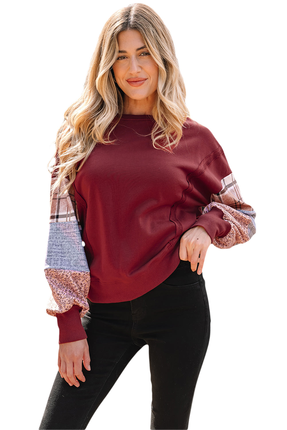 Red Sandalwood Plaid Colorblock Patchwork Sleeve Raw Seam Sweatshirt-Tops/Sweatshirts & Hoodies-[Adult]-[Female]-2022 Online Blue Zone Planet