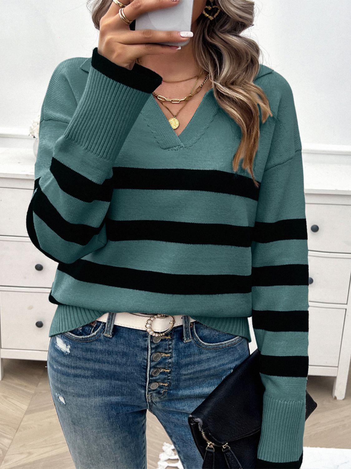 Striped Collared Neck Long Sleeve Sweater-TOPS / DRESSES-[Adult]-[Female]-2022 Online Blue Zone Planet