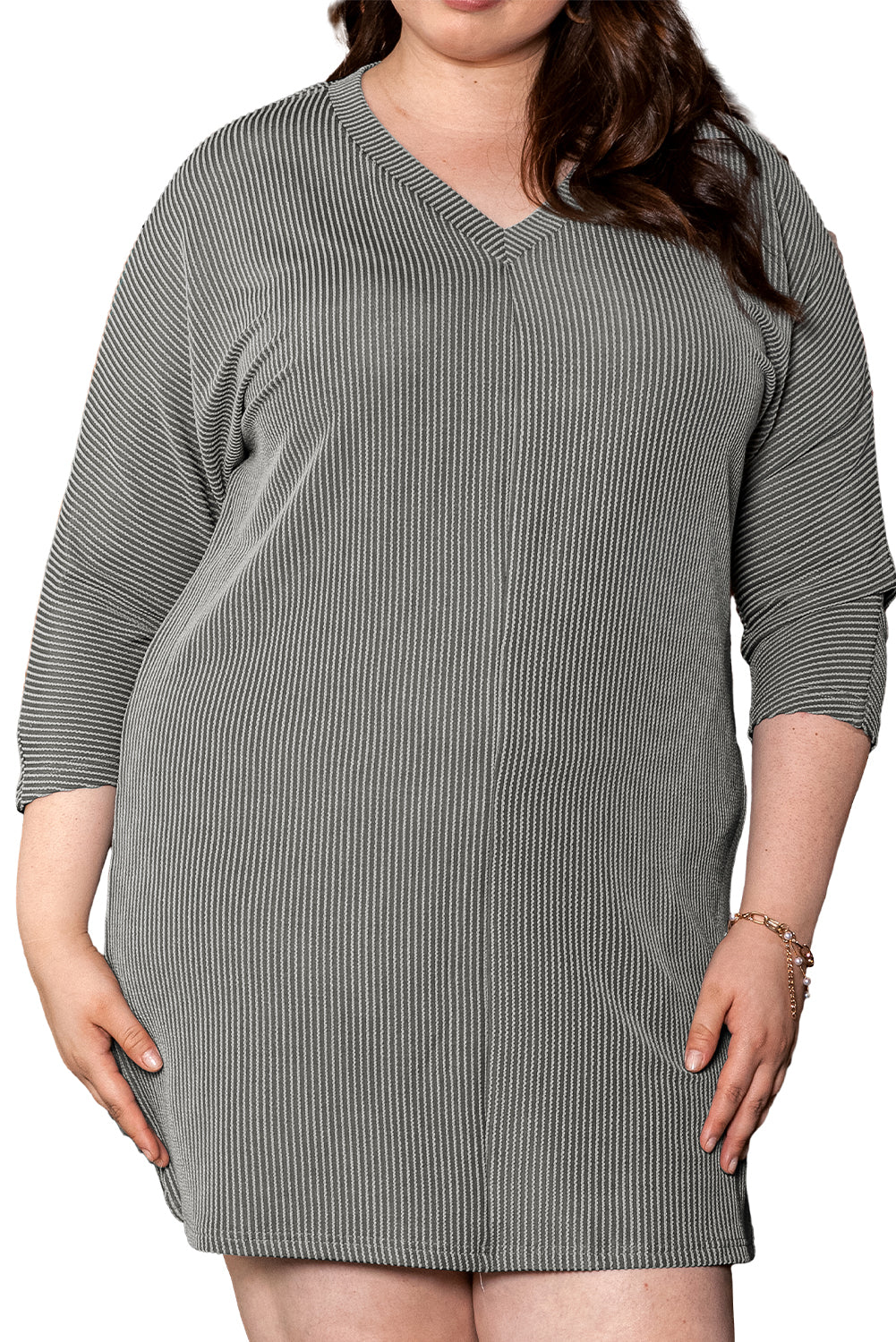 Philippine Gray Plus Size Corded V Neck Shift Dress-TOPS / DRESSES-[Adult]-[Female]-2022 Online Blue Zone Planet