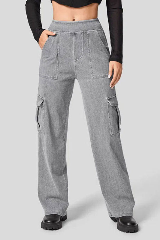 High Waist Straight Leg Cargo Jeans-BOTTOMS SIZES SMALL MEDIUM LARGE-[Adult]-[Female]-Gray-XS-2022 Online Blue Zone Planet