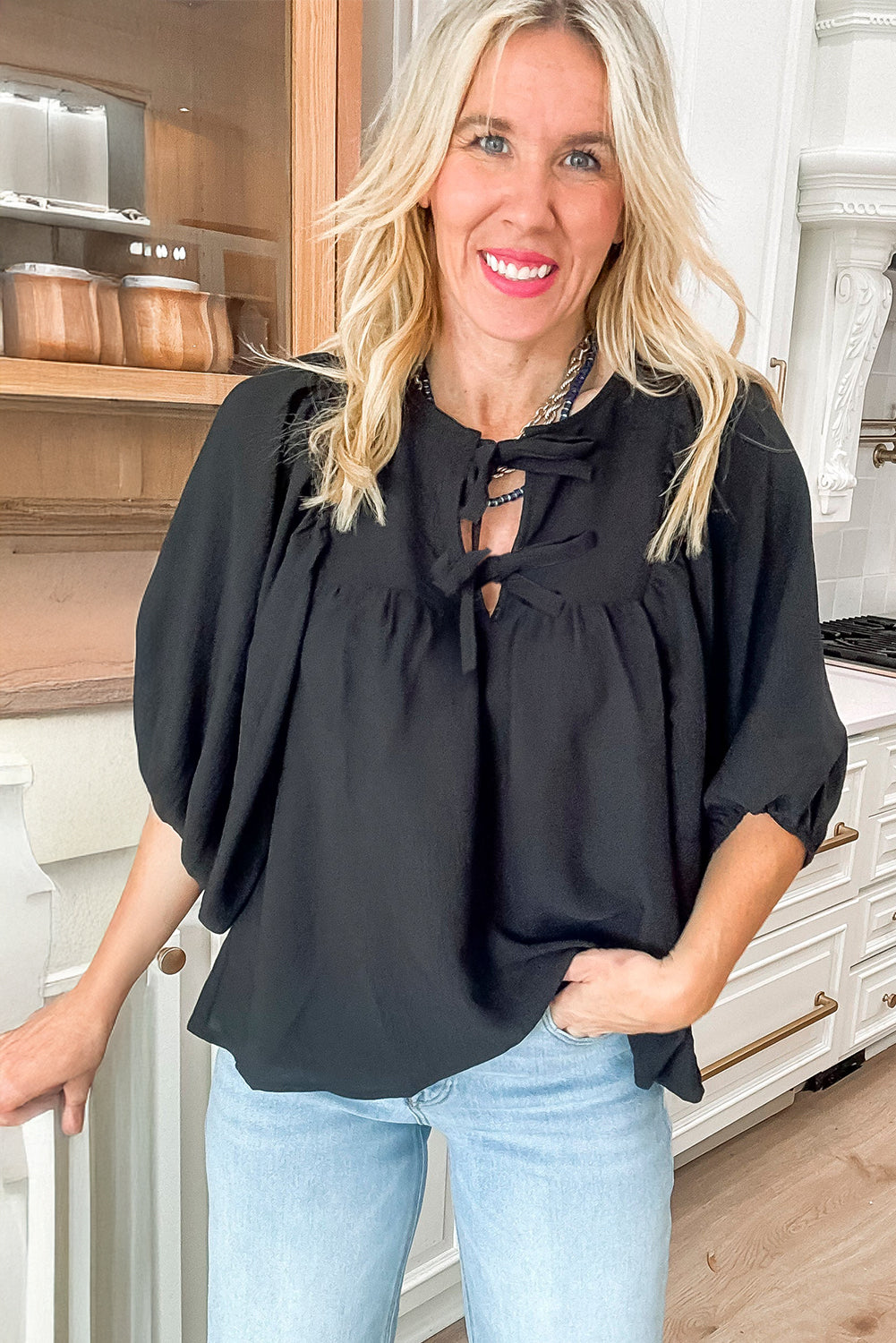 Black Bow Tie Neck 3/4 Sleeve Casual Blouse-Tops/Blouses & Shirts-[Adult]-[Female]-2022 Online Blue Zone Planet