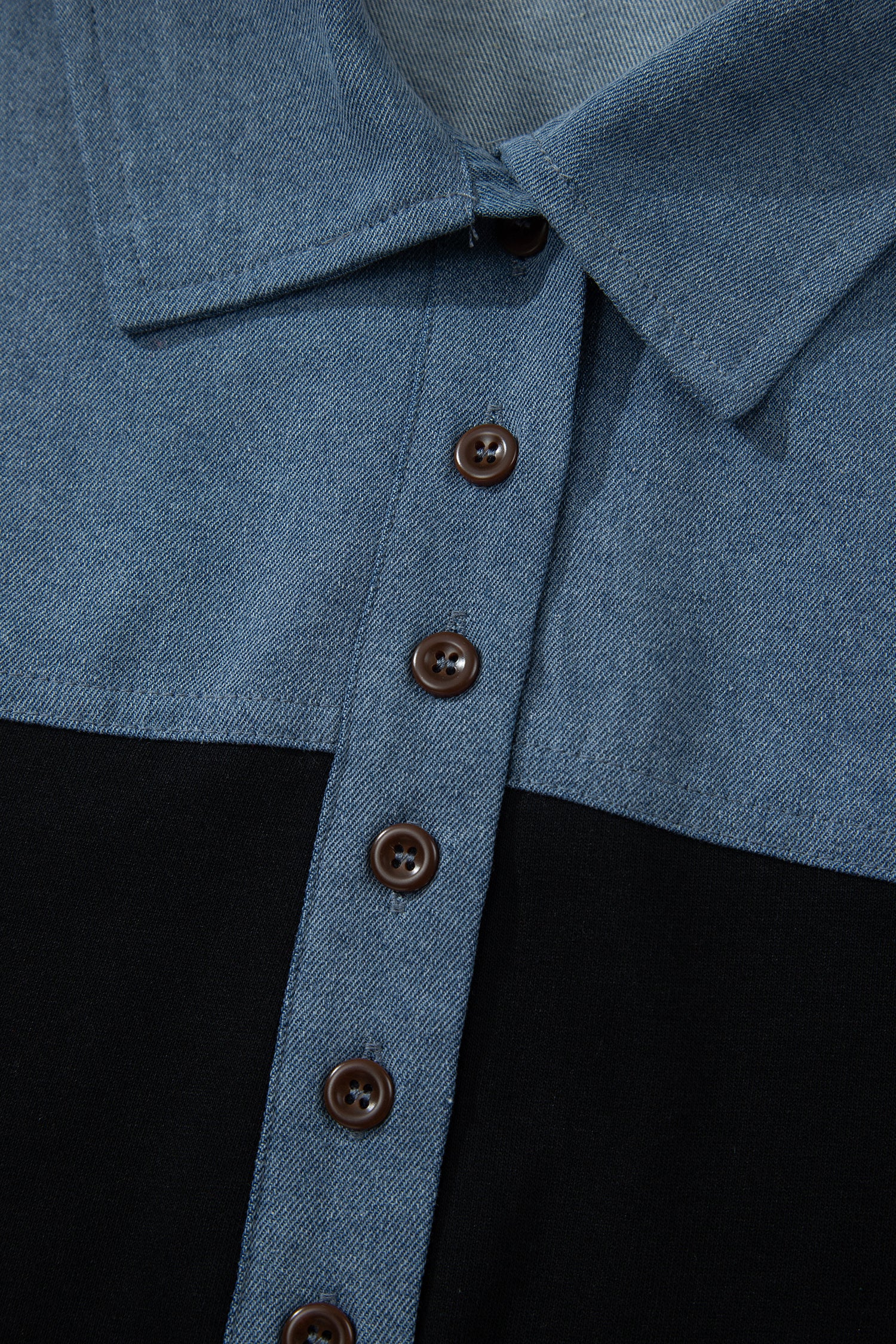 Black Color Block Denim Patchwork Button Polo Collar Short Sleeve Top-Tops/Blouses & Shirts-[Adult]-[Female]-2022 Online Blue Zone Planet