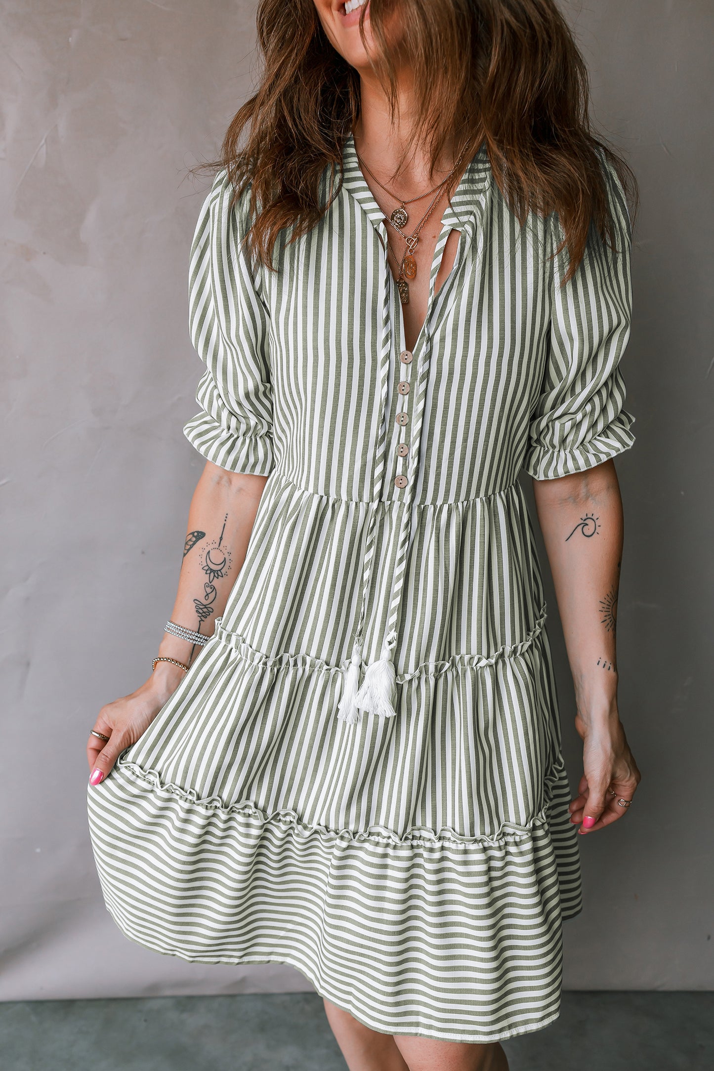 Green Stripe Tasseled Tie Neck Ruffled Short Sleeve Tiered Flattering Dress-TOPS / DRESSES-[Adult]-[Female]-2022 Online Blue Zone Planet
