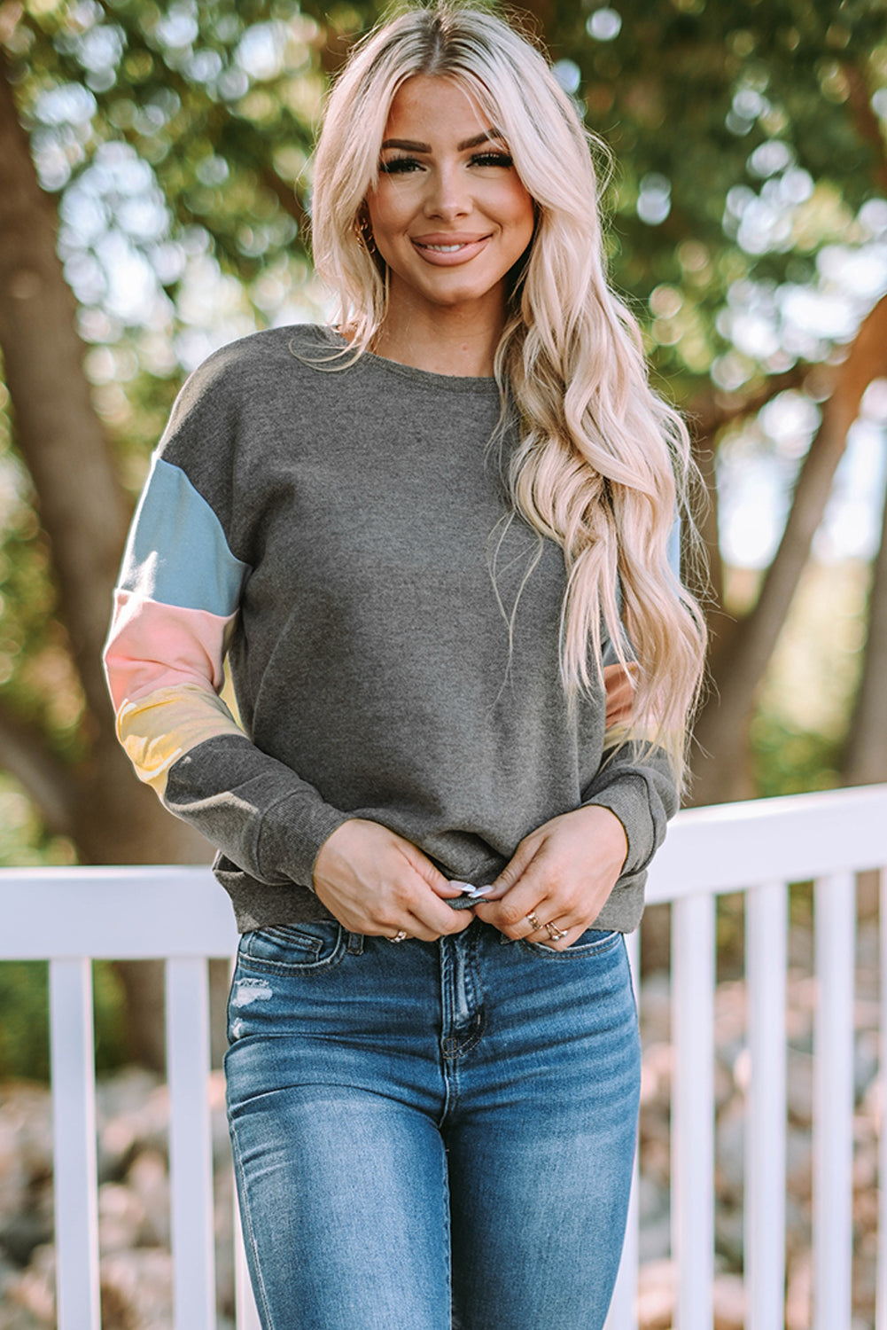 Gray Colorblock Long Sleeve Pullover Sweatshirt-Tops/Sweatshirts & Hoodies-[Adult]-[Female]-2022 Online Blue Zone Planet