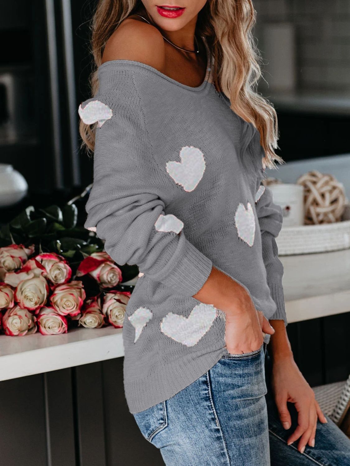 Heart Scoop Neck Long Sleeve Sweater-TOPS / DRESSES-[Adult]-[Female]-Gray-S-2022 Online Blue Zone Planet