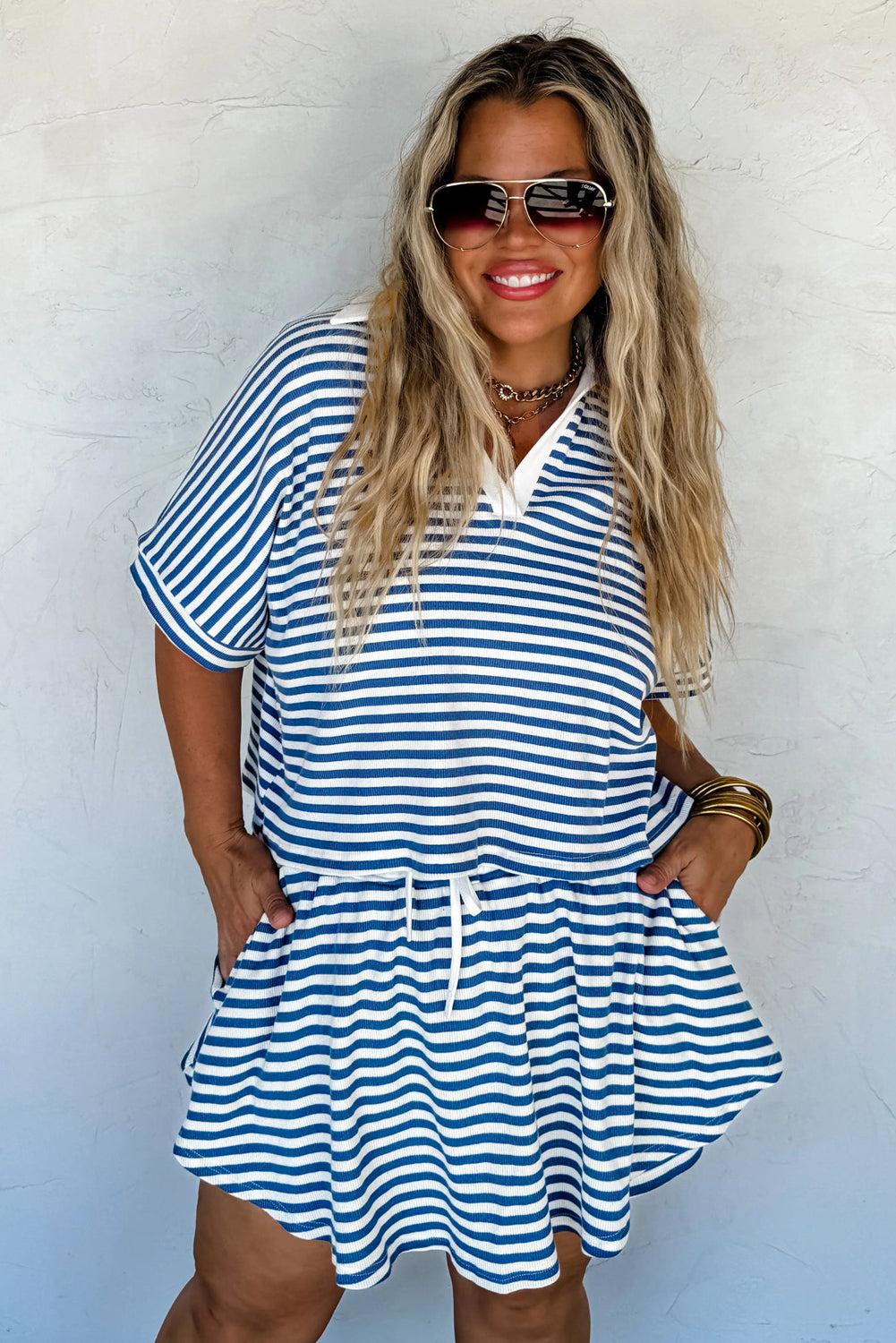 Blue Stripe Short Sleeve Collared V Neck Top Plus Size Skort Set-Plus Size/Plus Size Loungewear-[Adult]-[Female]-2022 Online Blue Zone Planet