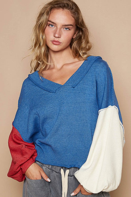 Blue Zone Planet | POL Exposed Seam Contrast V-Neck Lantern Sleeve Sweater-TOPS / DRESSES-[Adult]-[Female]-Royal Blue-S-2022 Online Blue Zone Planet