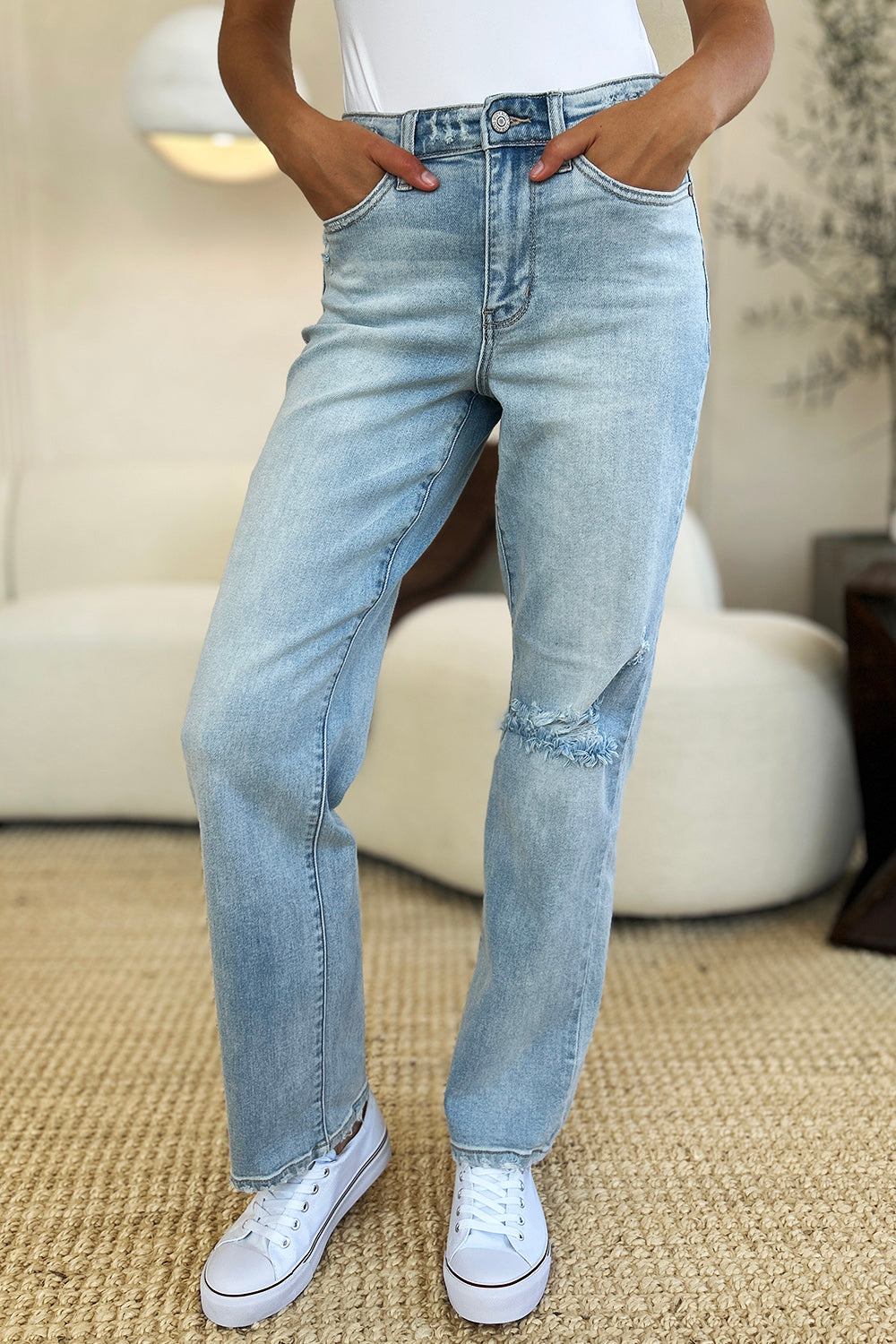 Judy Blue Full Size High Waist Distressed Straight Jeans-BOTTOM SIZES SMALL MEDIUM LARGE-[Adult]-[Female]-2022 Online Blue Zone Planet